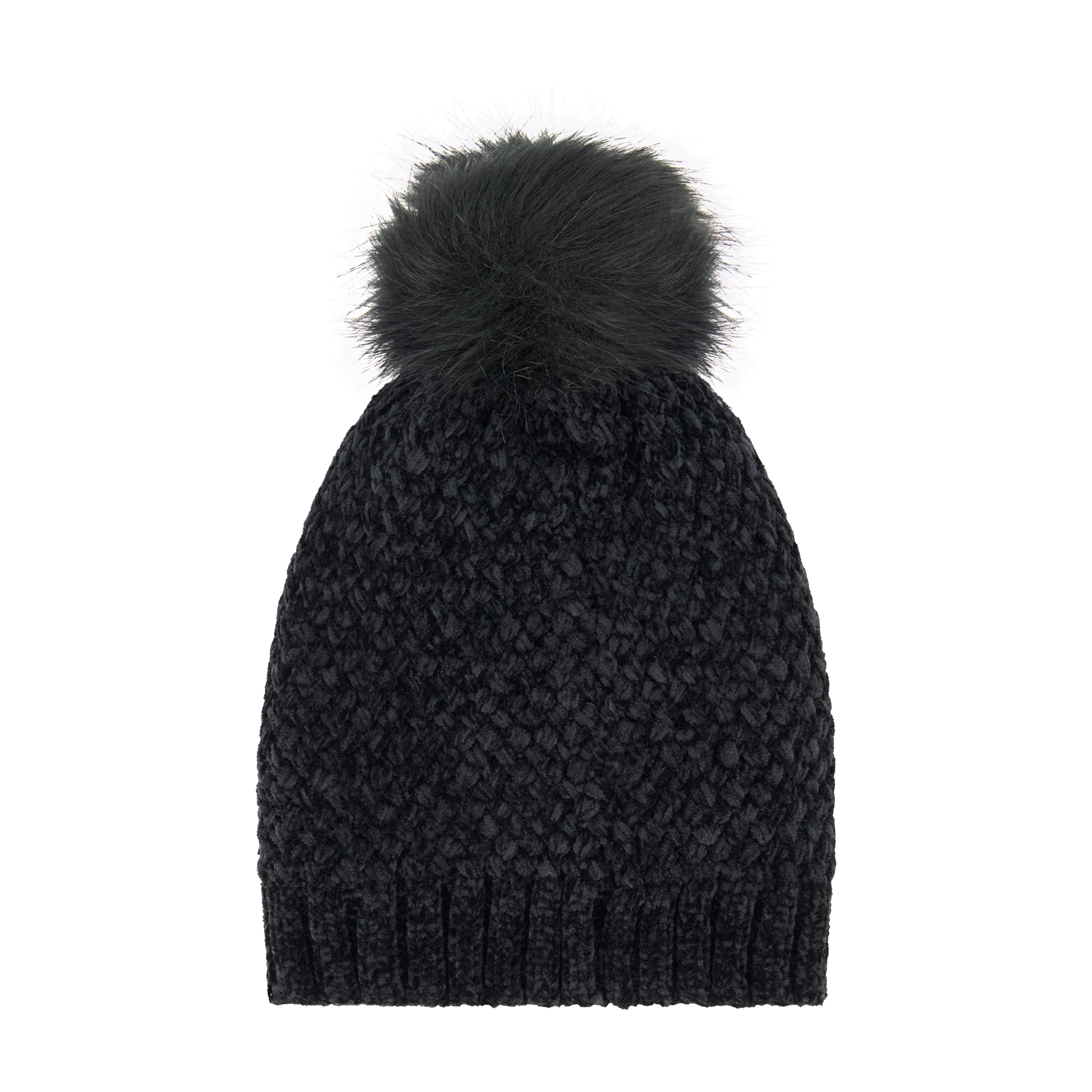 Daisy Fuentes Women's Cozy Cross Hatch Chenille Beanie with Faux Fur Pom and Plush Lining