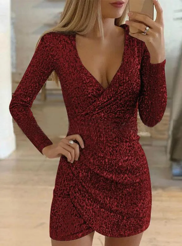 DEEP V-NECK SEQUIN MINI BODYCON DRESS PARTY DRESS