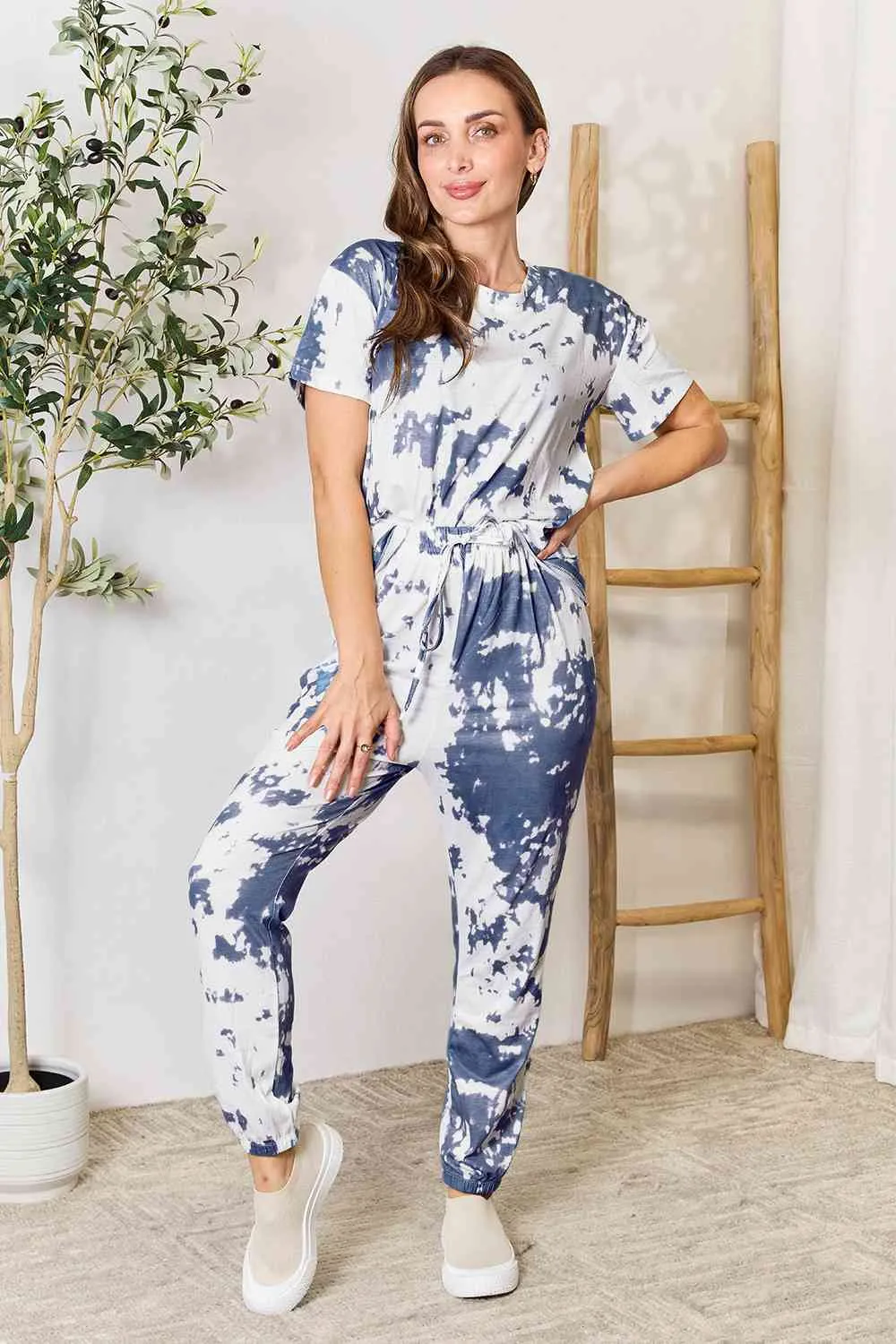 Double Take Tie-Dye Tee and Drawstring Waist Joggers Lounge Set