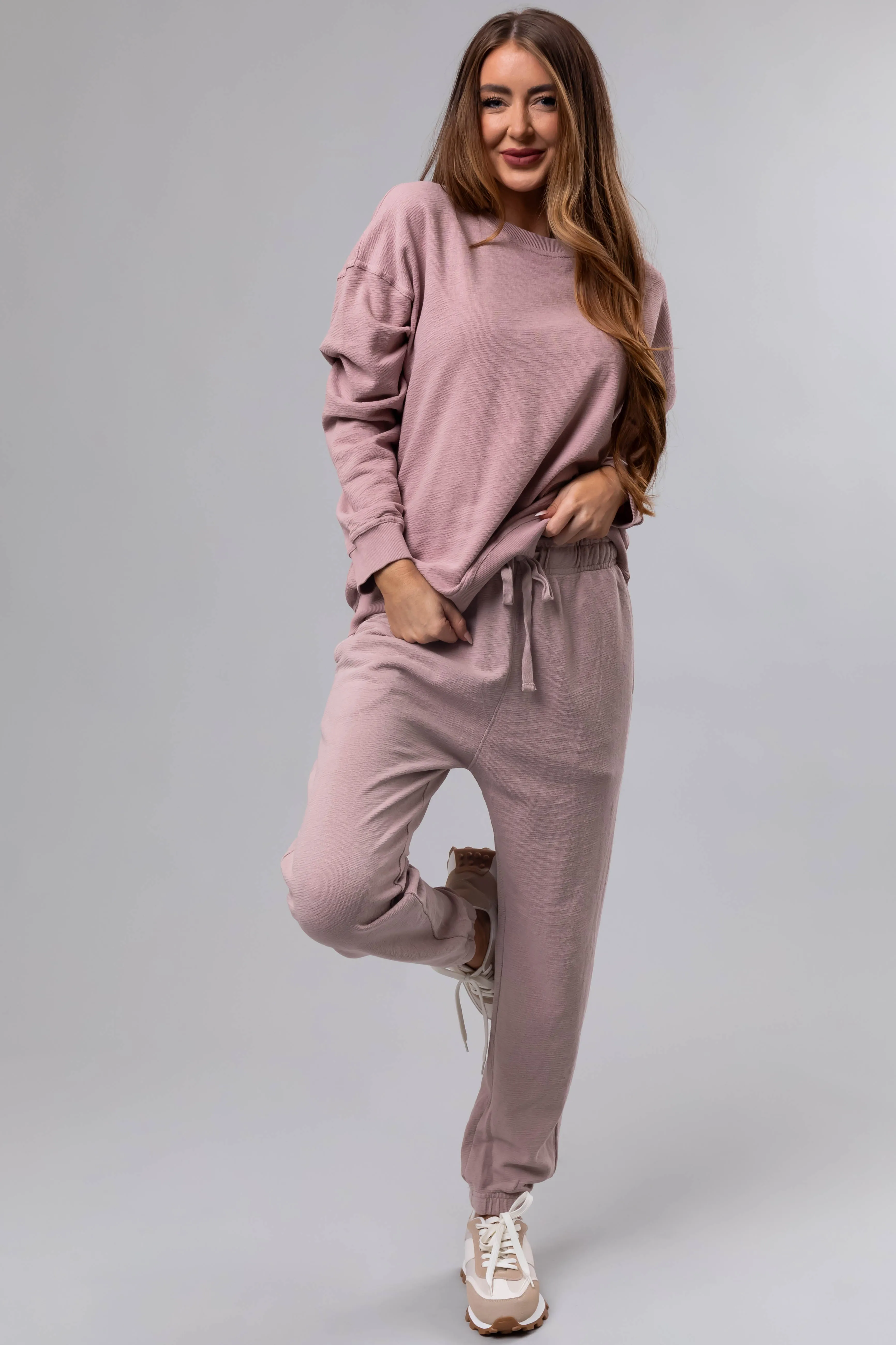 Dusty Blush Textured Knit Drawstring Joggers