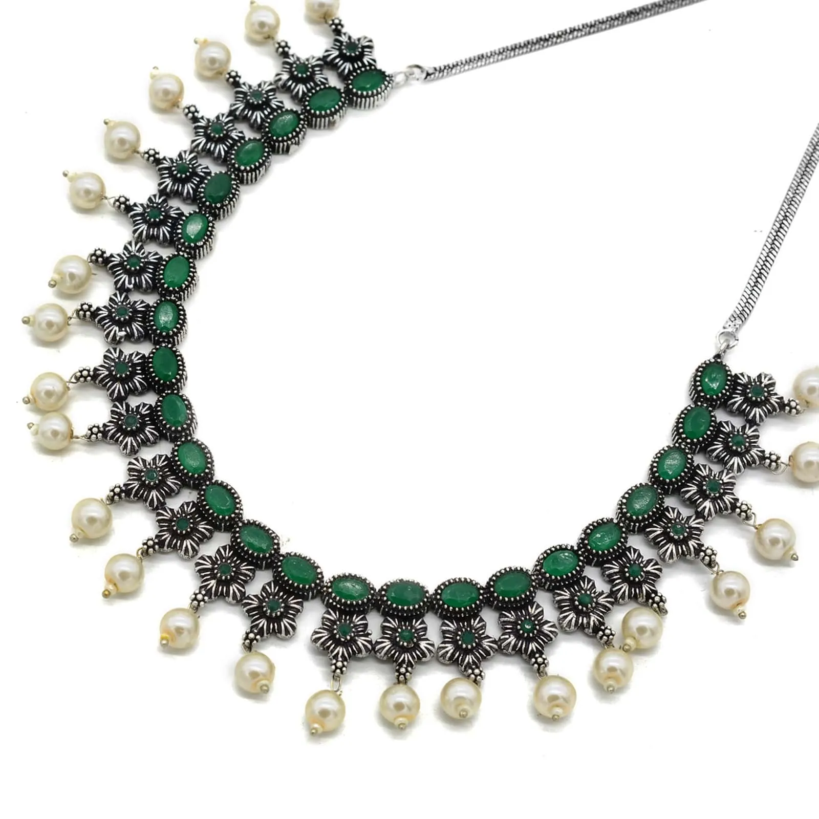 Ekladh Green Stone Silver Pearl Necklace Set