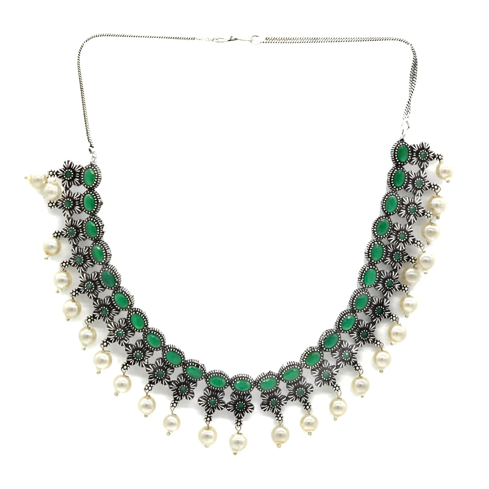 Ekladh Green Stone Silver Pearl Necklace Set