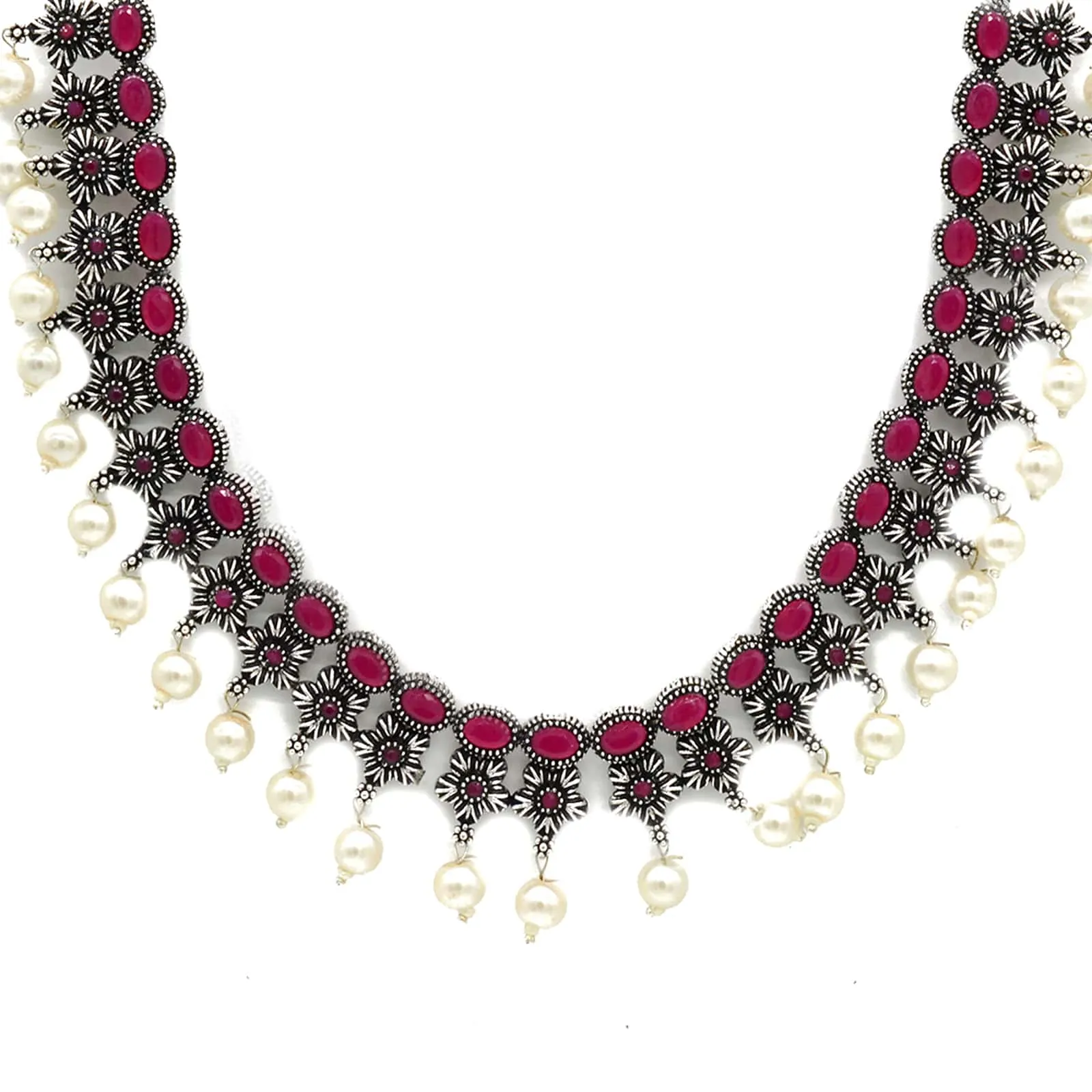 Ekladh Red Stone Silver Pearl Necklace Set