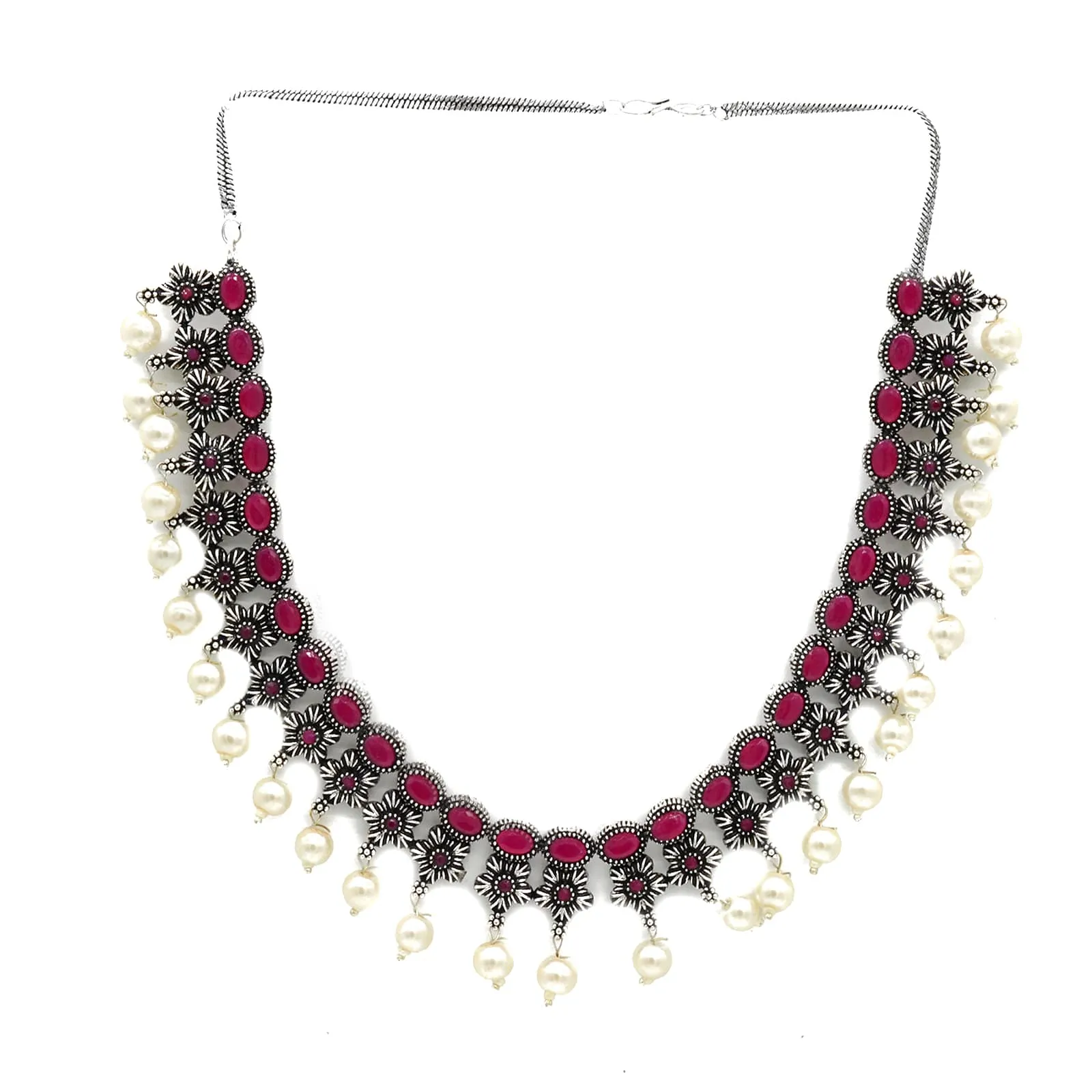 Ekladh Red Stone Silver Pearl Necklace Set