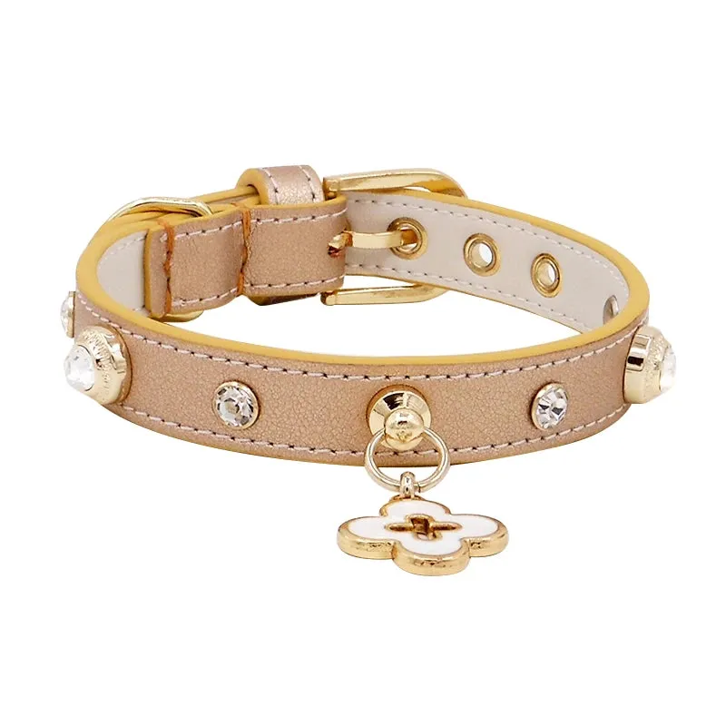 Elegant Genuine Leather Pet Collars with Charm - Luxury Dog & Cat Necklace for Poodles, Papillons, Chihuahuas & Puppies