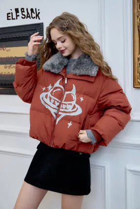 ELFSACK 2024 Winter New Arrivals Sweet and cool devil horns heart print thick short coat with fur lapel