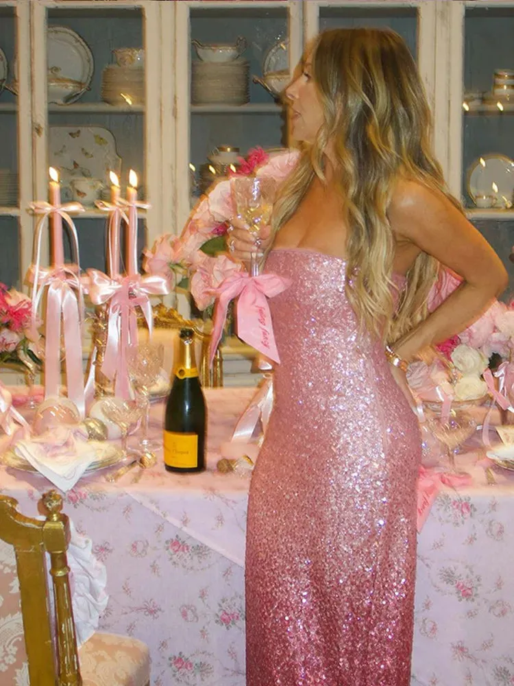 Fashionkova Elegant Pink Sequins Strapless Long Dress Women Sexy Backless Sleeveless Bodycon Prom Robes Winter New Shiny Party Robes