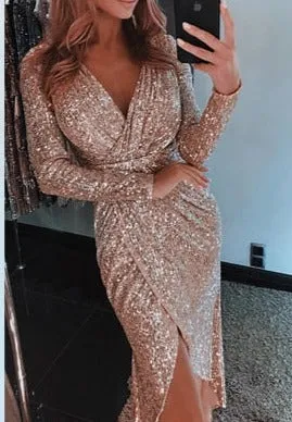 Fashionkova  Fashion Sexy Women V Neck Glitter Sequin Evening Club Dress Bodycon Elegant Ladies Dress Long Sleeve Party Maxi Slim Dress