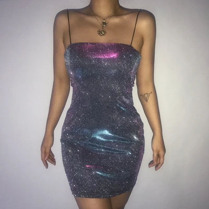 Fashionkova  Shinning Sequined Sexy Party Dress Women Spaghetti Strap Backless Bodycon Bandage Mini Club Dresses Vestidos 2023 Autumn