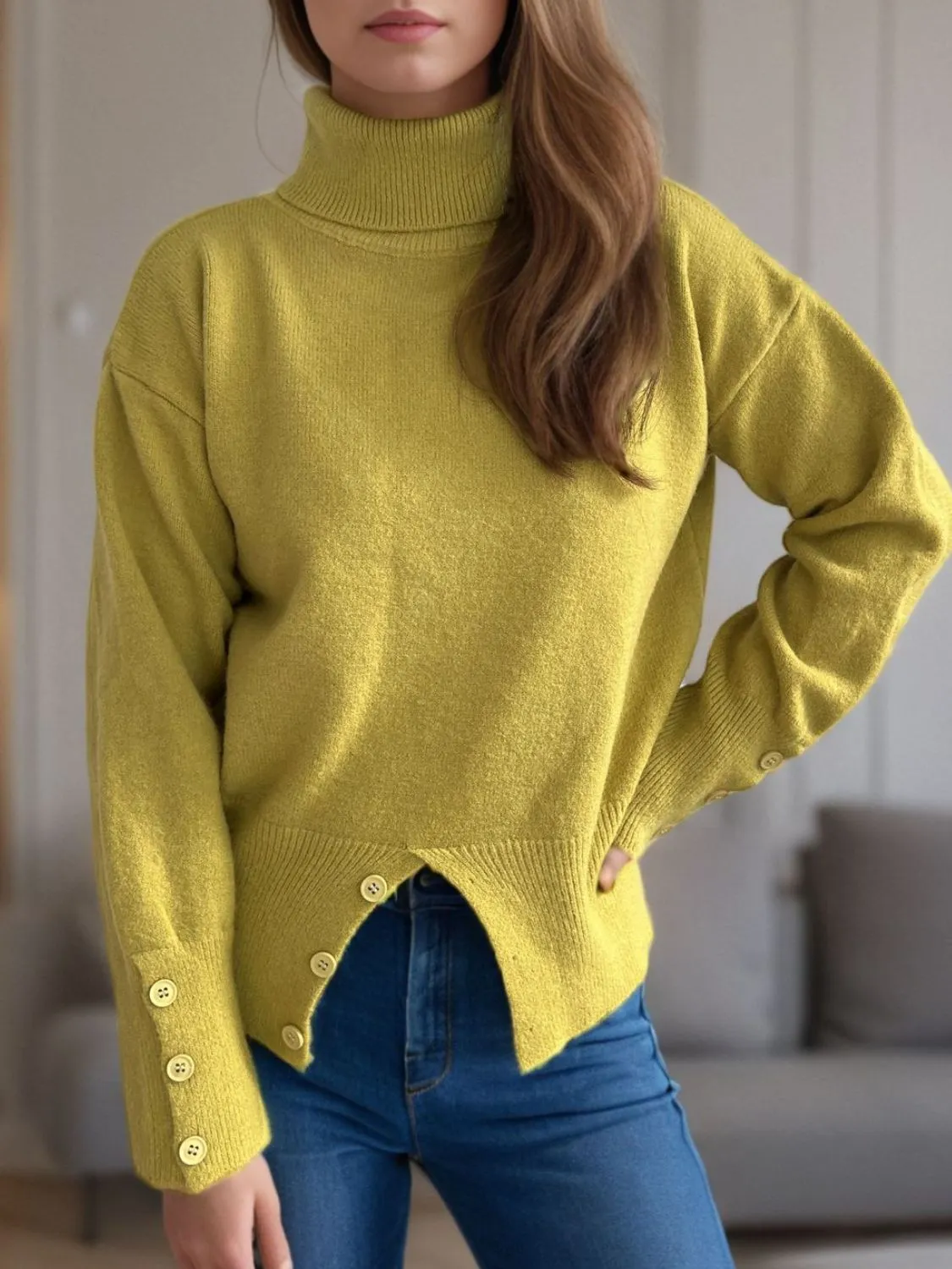 Front Slit Decorative Button Turtleneck Sweater