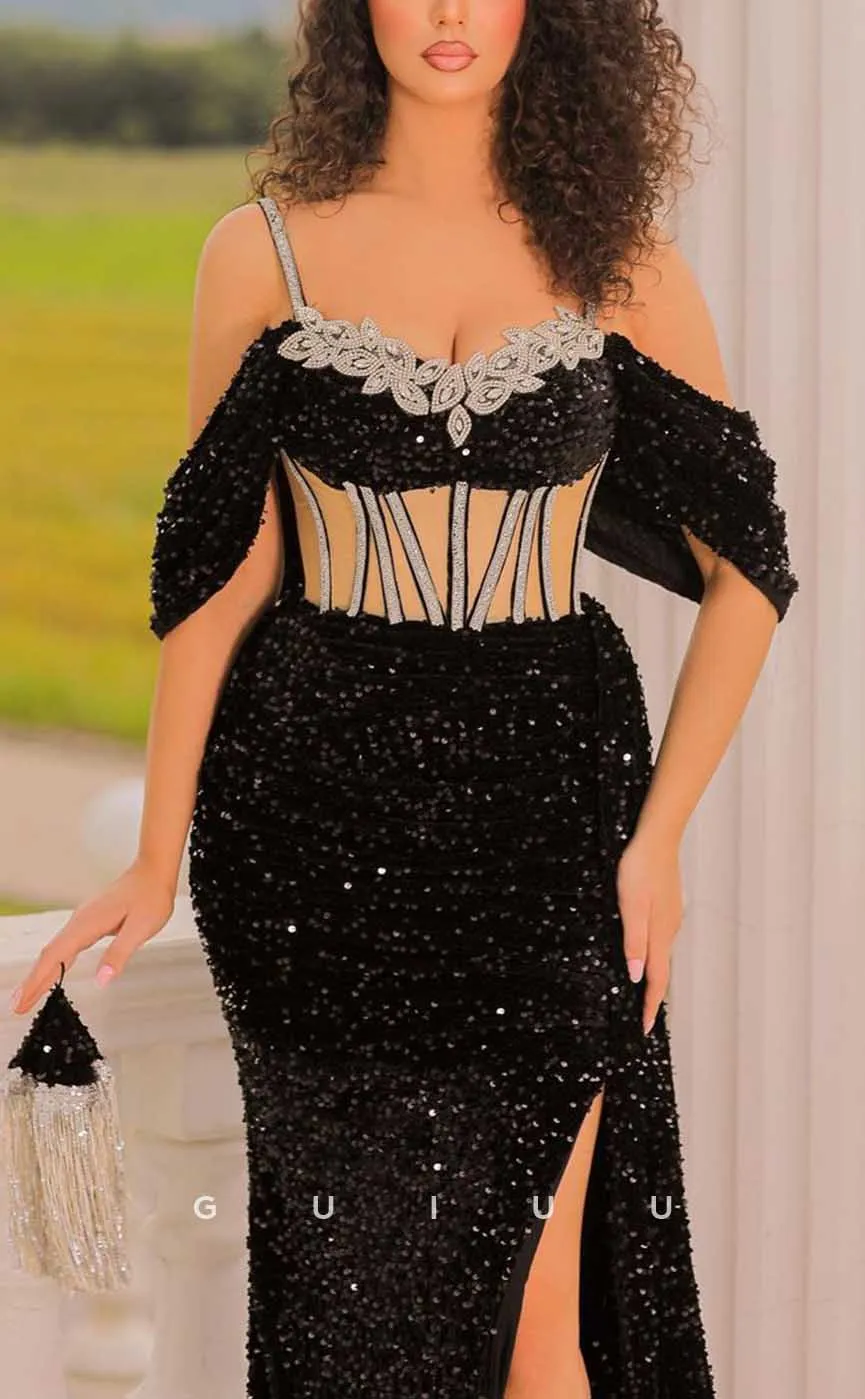 G4000 - Sexy & Hot Sheath Off Shoulder Straps Fully Beaded and Sequined Evening Party Prom Dress with Corset and High Side Slit