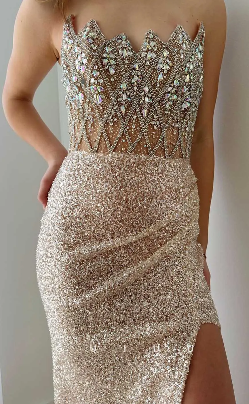 G4278 - Sexy & Hot Sheath Strapless Fully Sequined and Beaded Party Gown Prom Dress with Pleats and High Side Slit