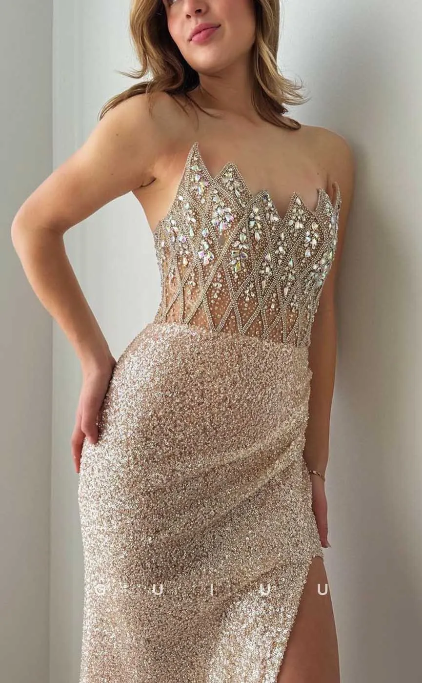 G4278 - Sexy & Hot Sheath Strapless Fully Sequined and Beaded Party Gown Prom Dress with Pleats and High Side Slit