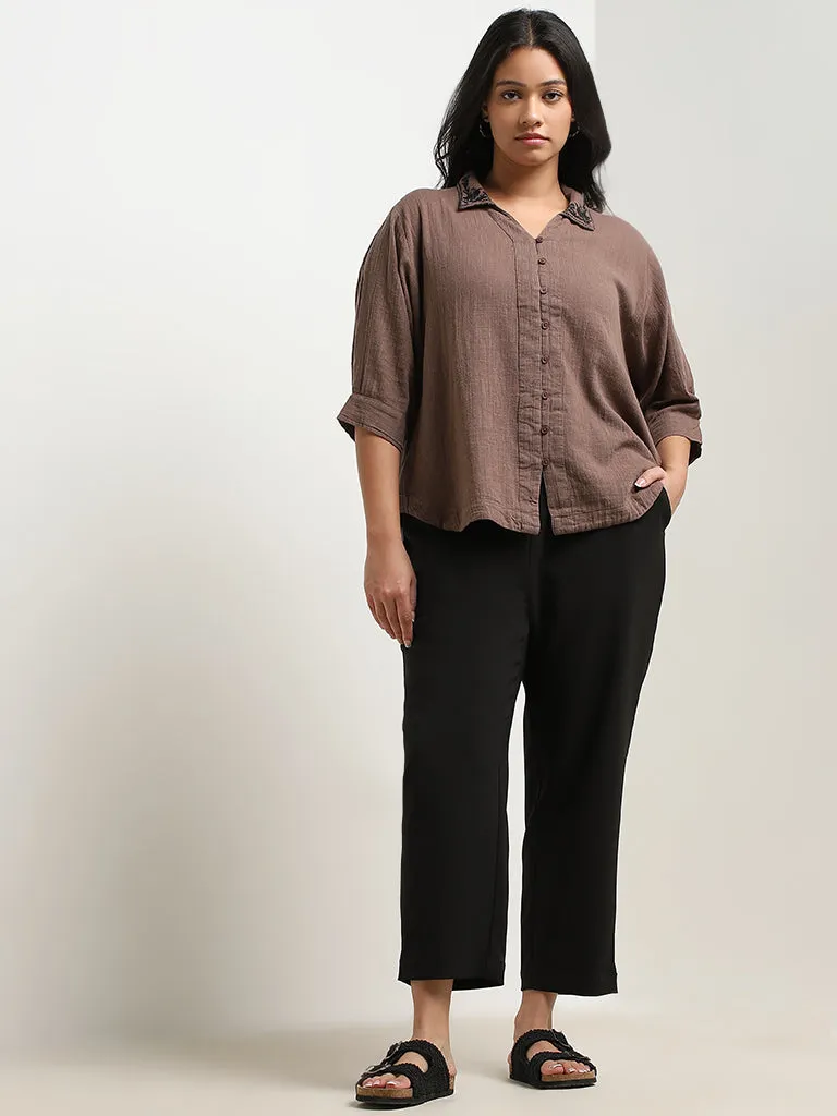 Gia Brown Embroidered High-Low Cotton Blouse