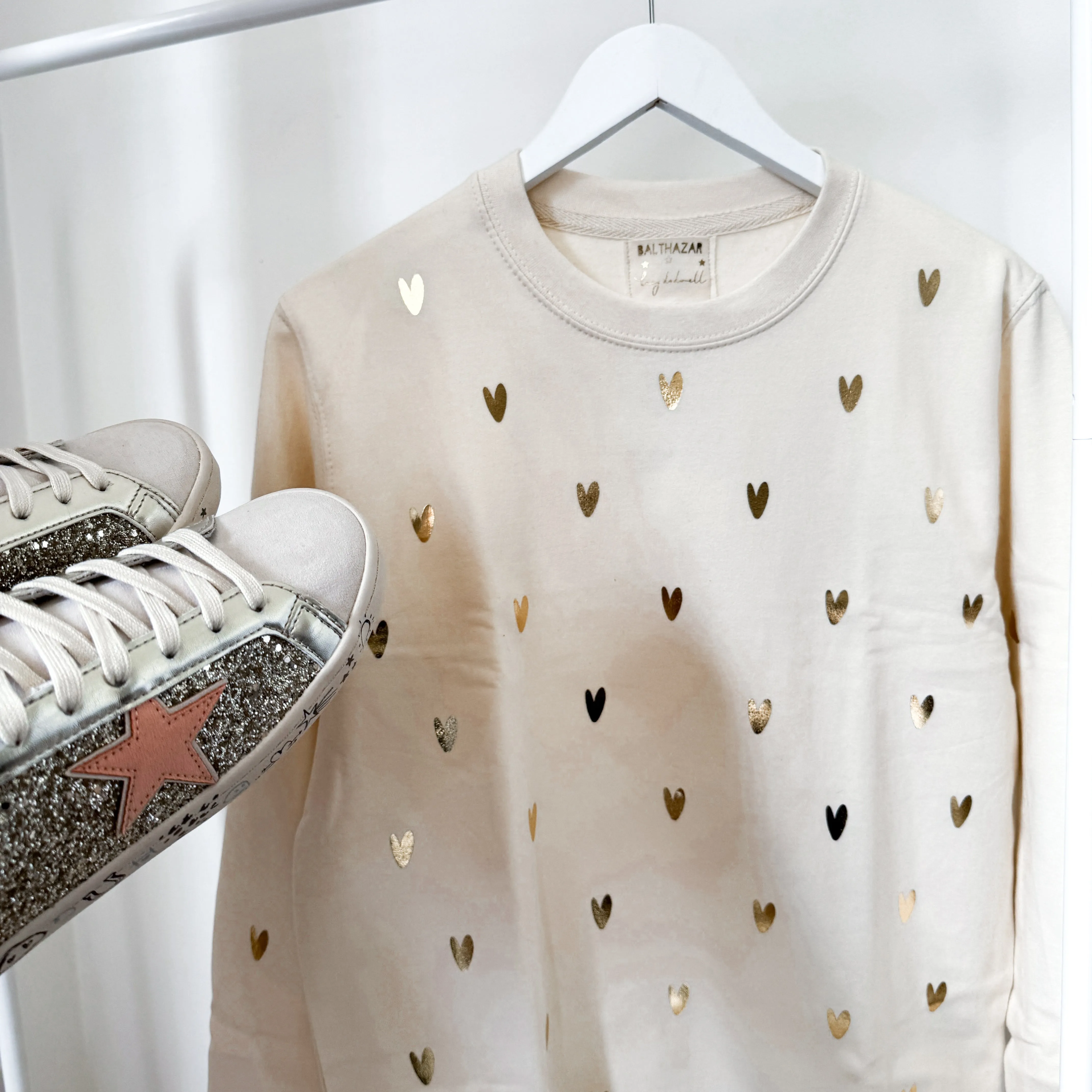 Glitter gold miniature HEARTS on vintage white sweatshirt *NEW*