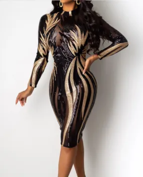 Glitter Mock Neck Long Sleeve Sequins Bodycon Dress