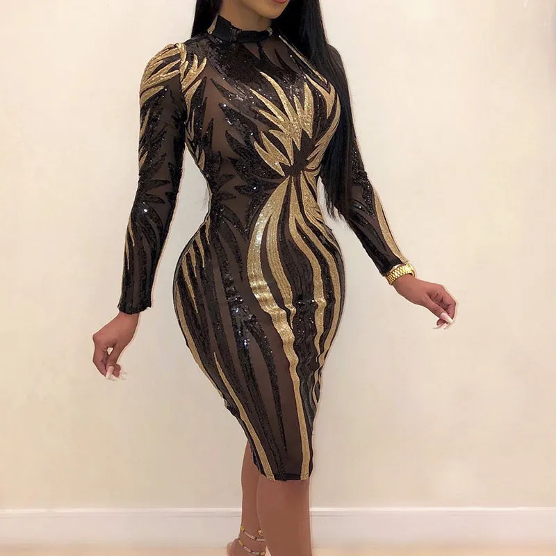 Glitter Mock Neck Long Sleeve Sequins Bodycon Dress