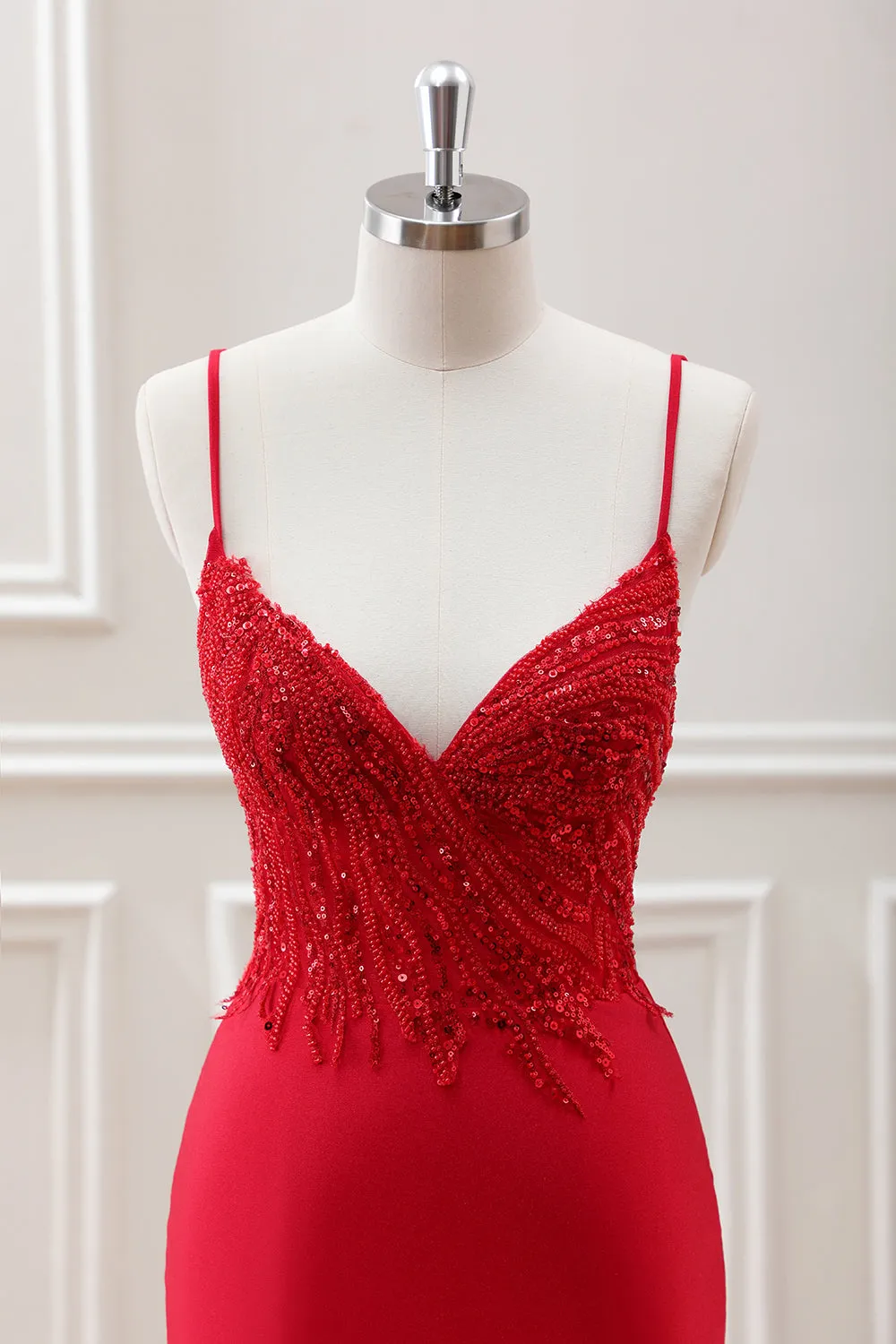 Glitter Red Bodycon Spaghetti Straps Sequined Mini Dress