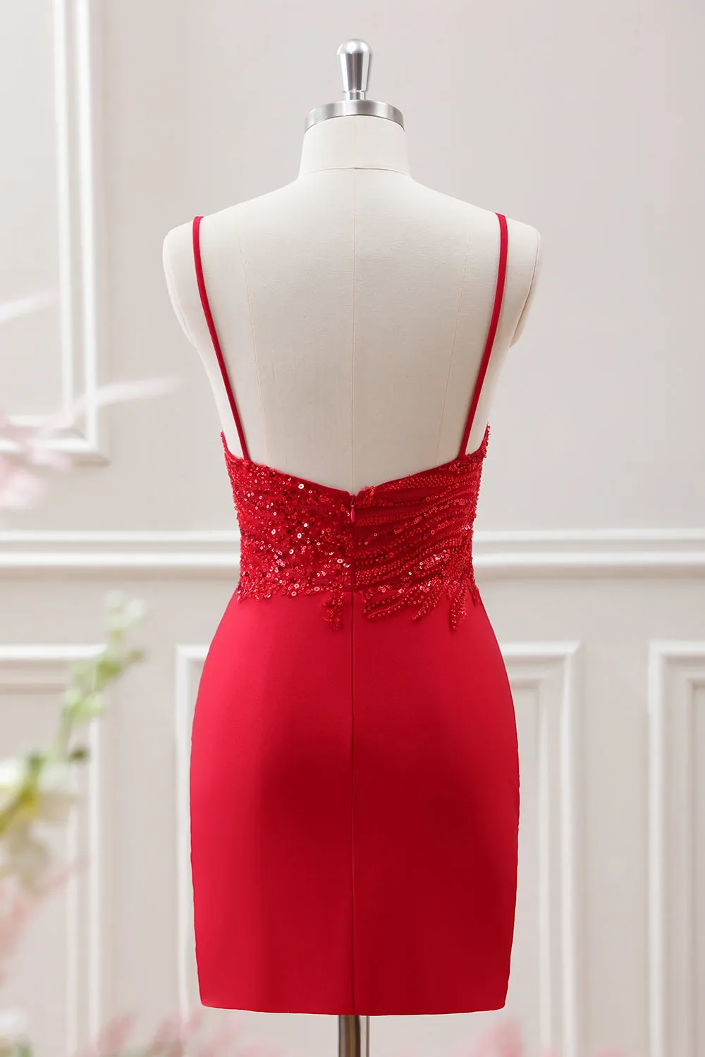 Glitter Red Bodycon Spaghetti Straps Sequined Mini Dress