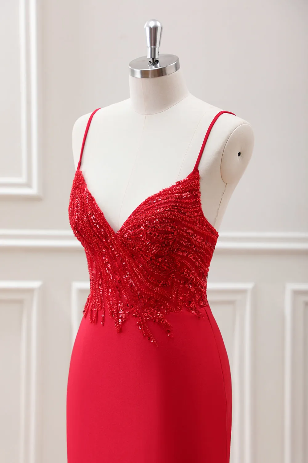 Glitter Red Bodycon Spaghetti Straps Sequined Mini Dress