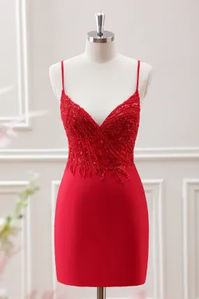 Glitter Red Bodycon Spaghetti Straps Sequined Mini Dress