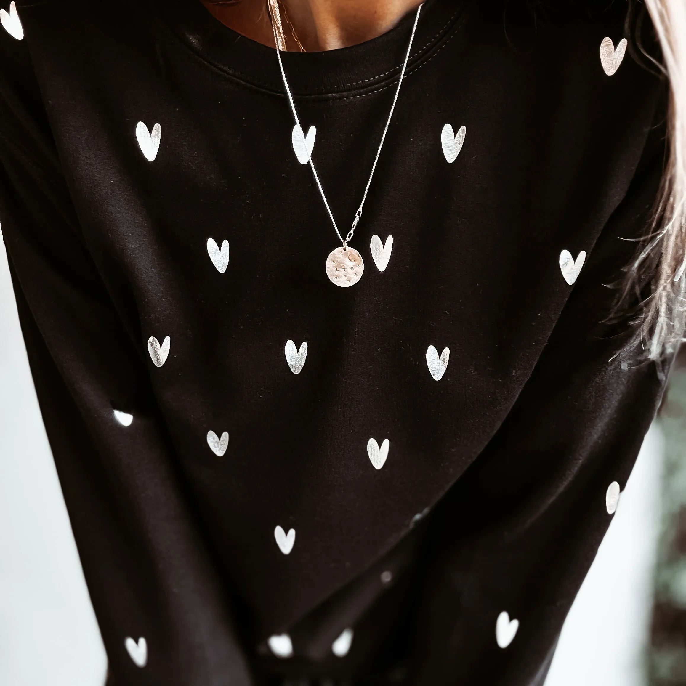 Glitter silver miniature HEARTS on black sweatshirt *NEW*