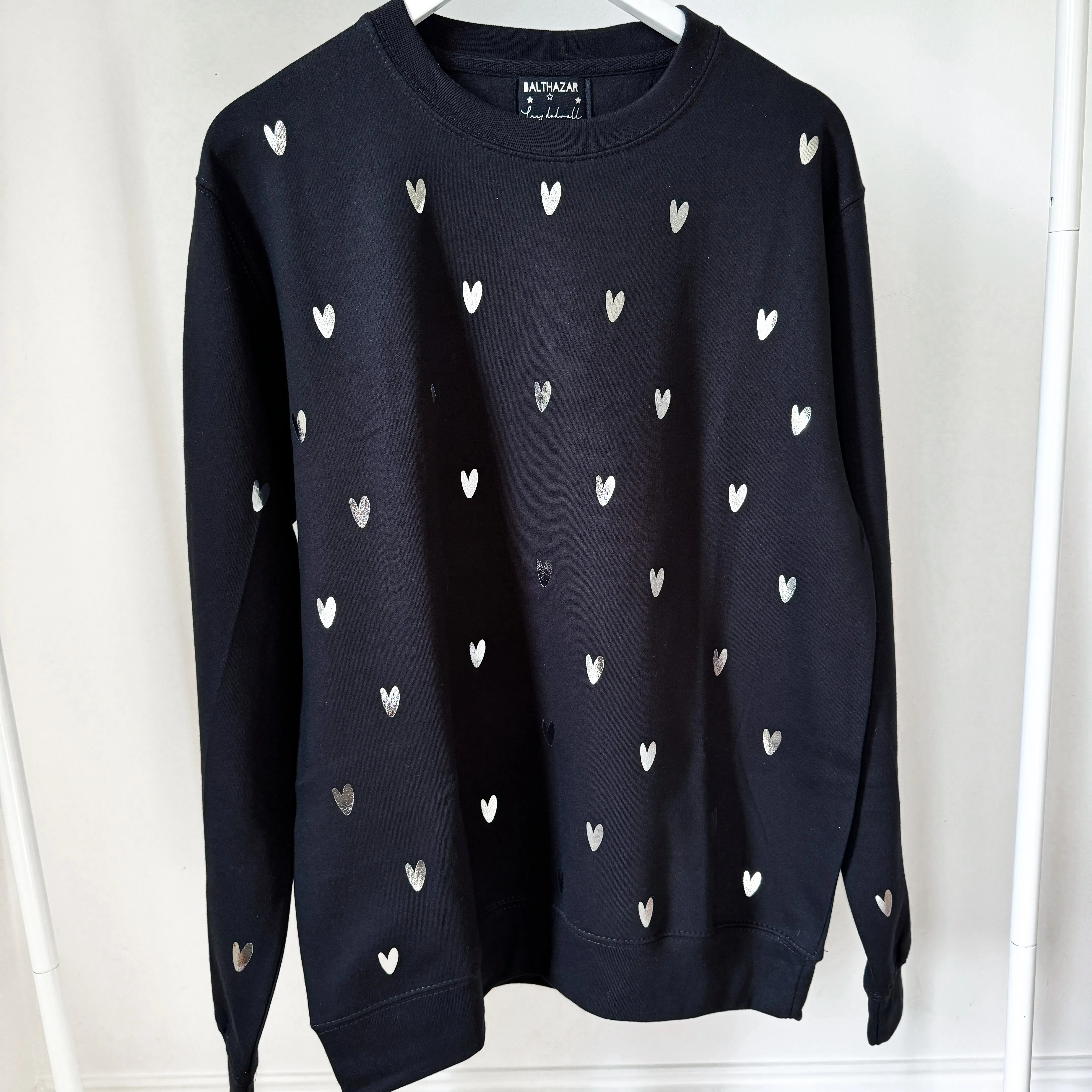 Glitter silver miniature HEARTS on black sweatshirt *NEW*