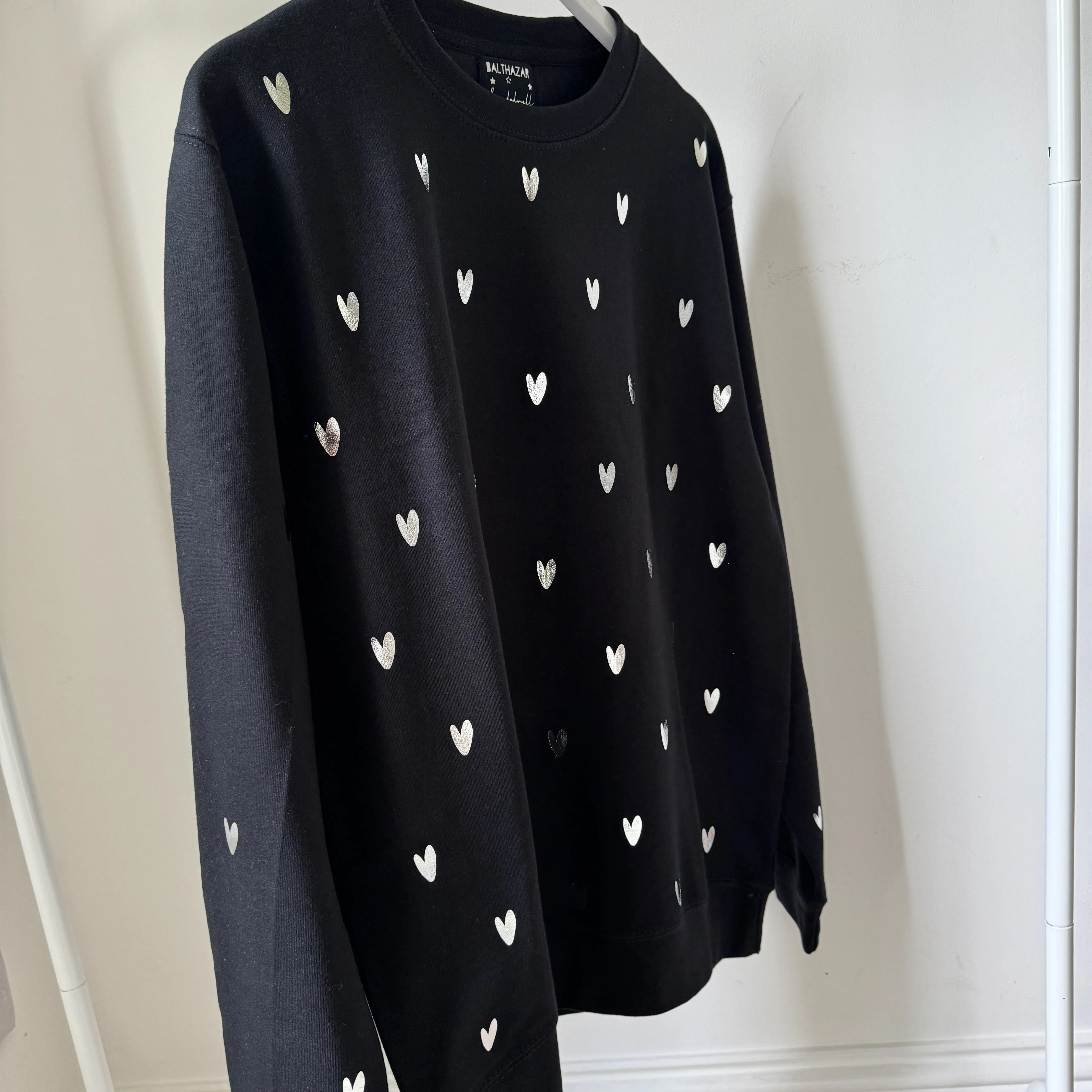 Glitter silver miniature HEARTS on black sweatshirt *NEW*