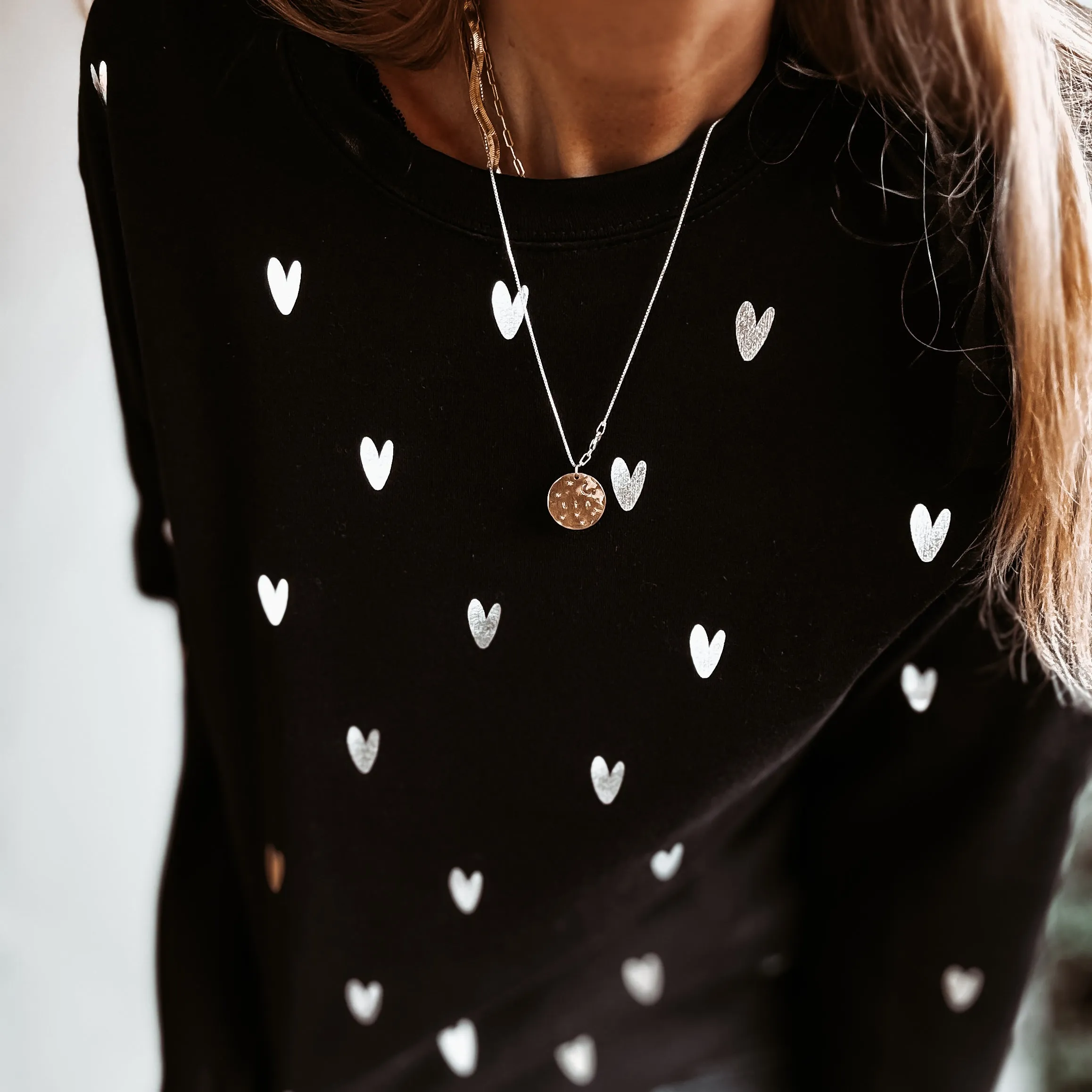 Glitter silver miniature HEARTS on black sweatshirt *NEW*