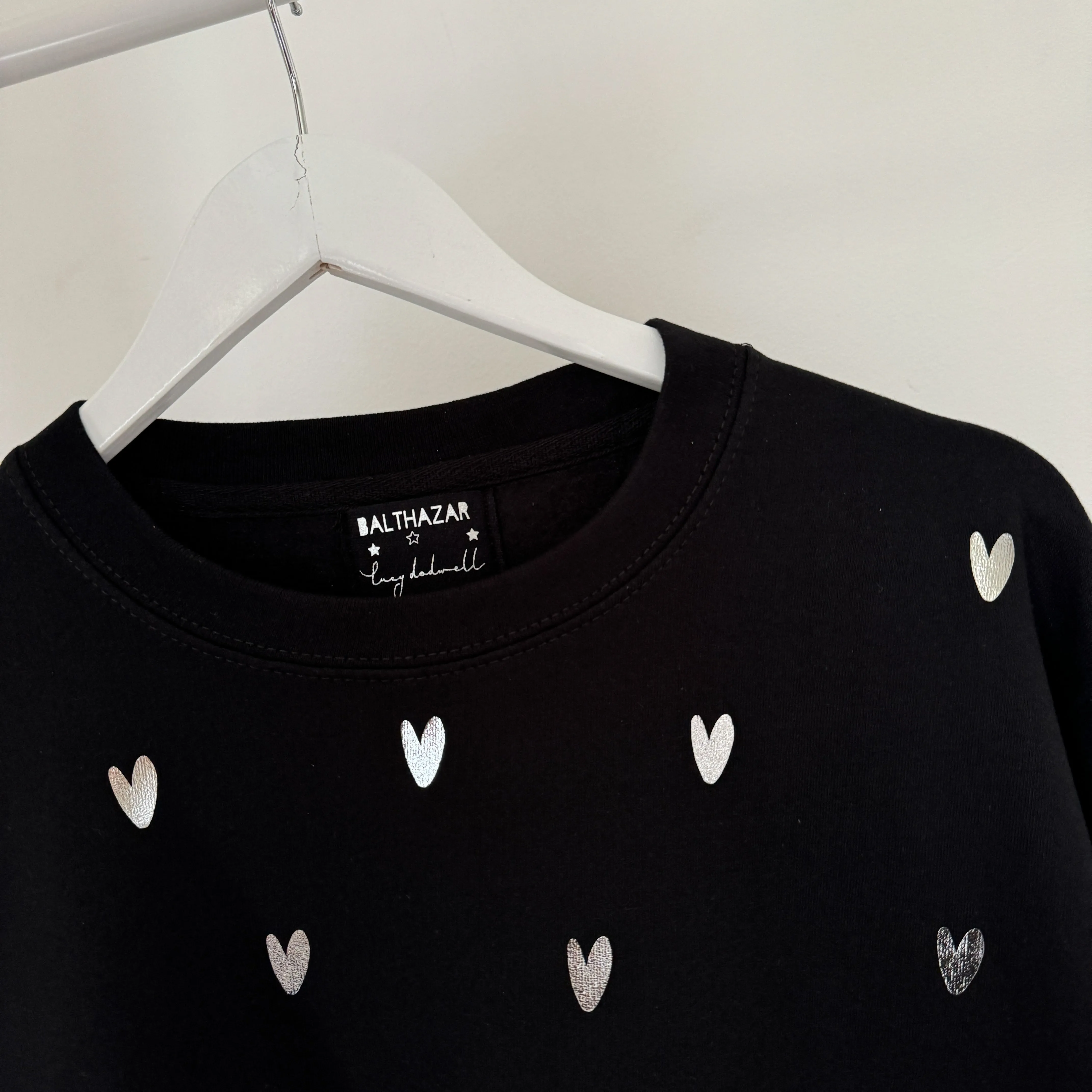 Glitter silver miniature HEARTS on black sweatshirt *NEW*