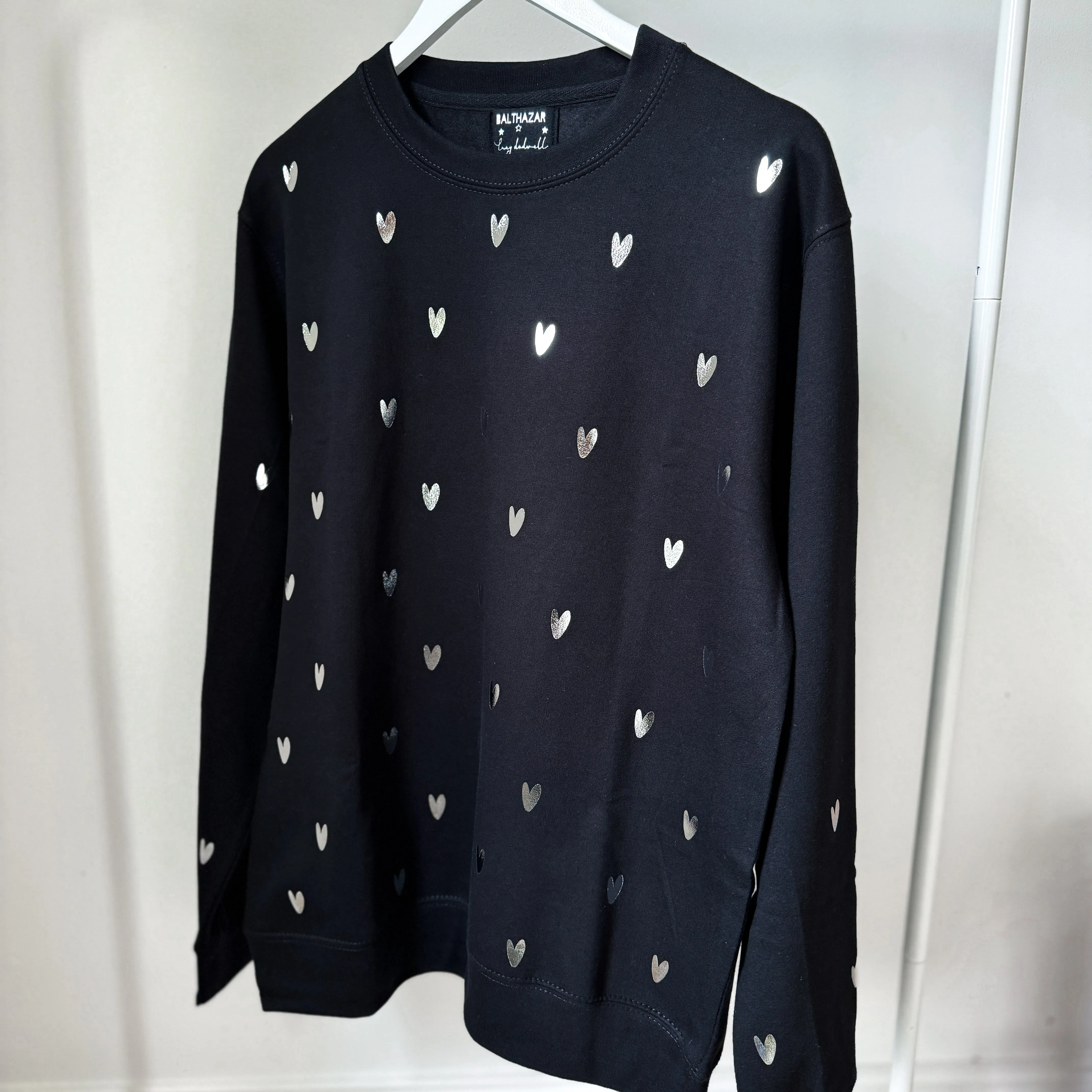 Glitter silver miniature HEARTS on black sweatshirt *NEW*