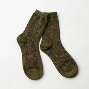 Glitter Vertical Striped Crew Socks in Olive/Green