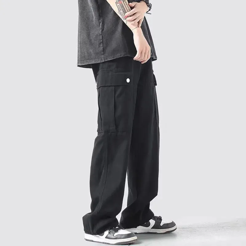 GODLIKEU Japanese Cargo Pants Men's Large Mulit Pocket Straight Fashion Fried Street Trousers