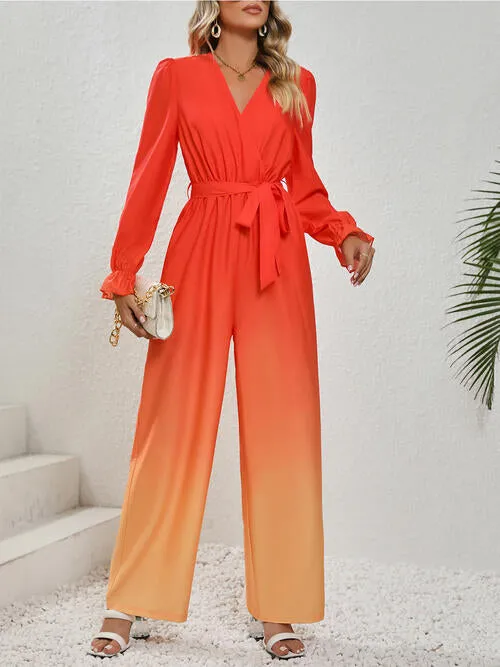 Gradient Tie Front Flounce Sleeve Jumpsuit