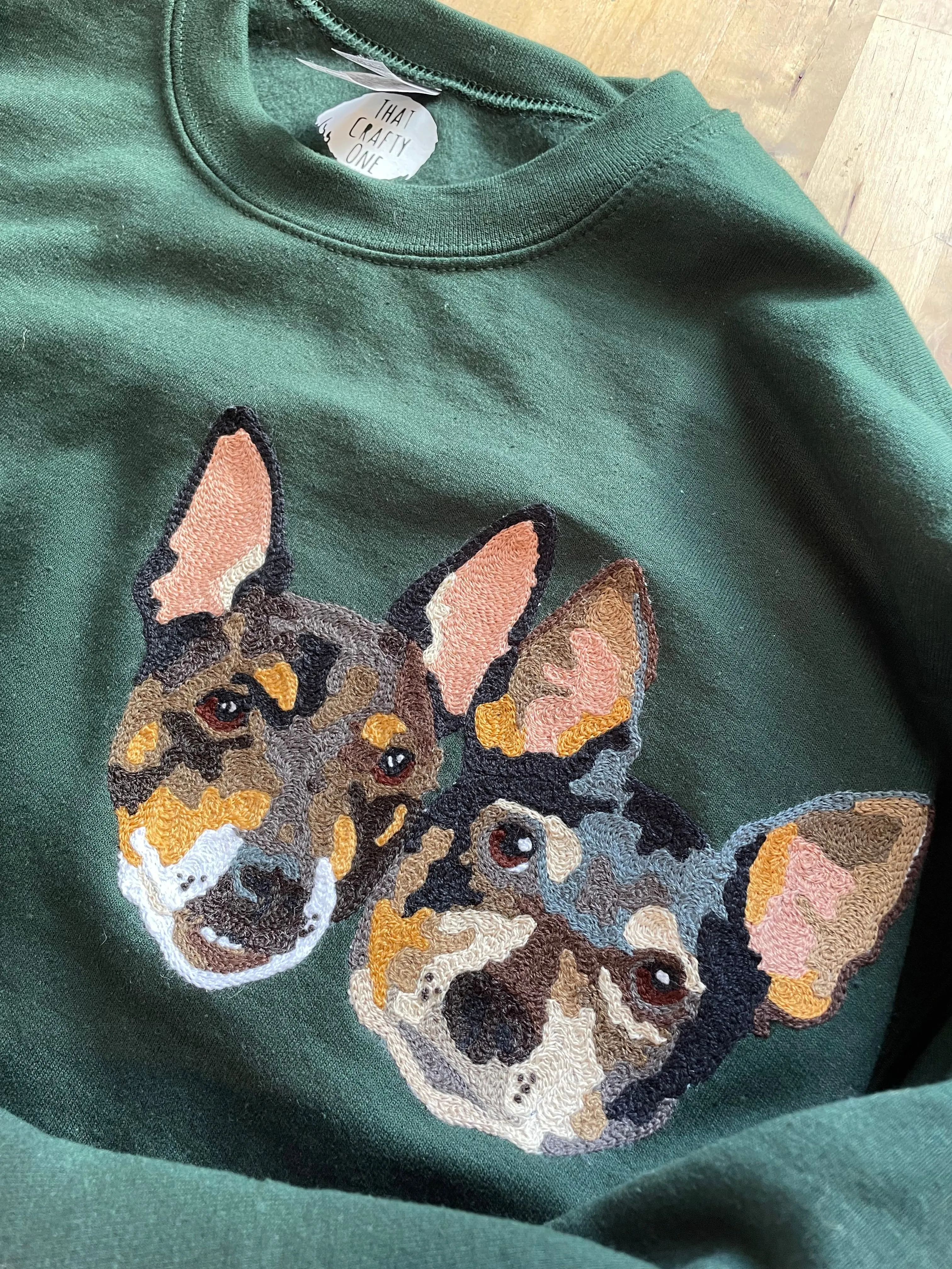 Handmade Handcranked Chainstitch Embroidered Custom Pet Portrait Sweatshirt - Two Pets