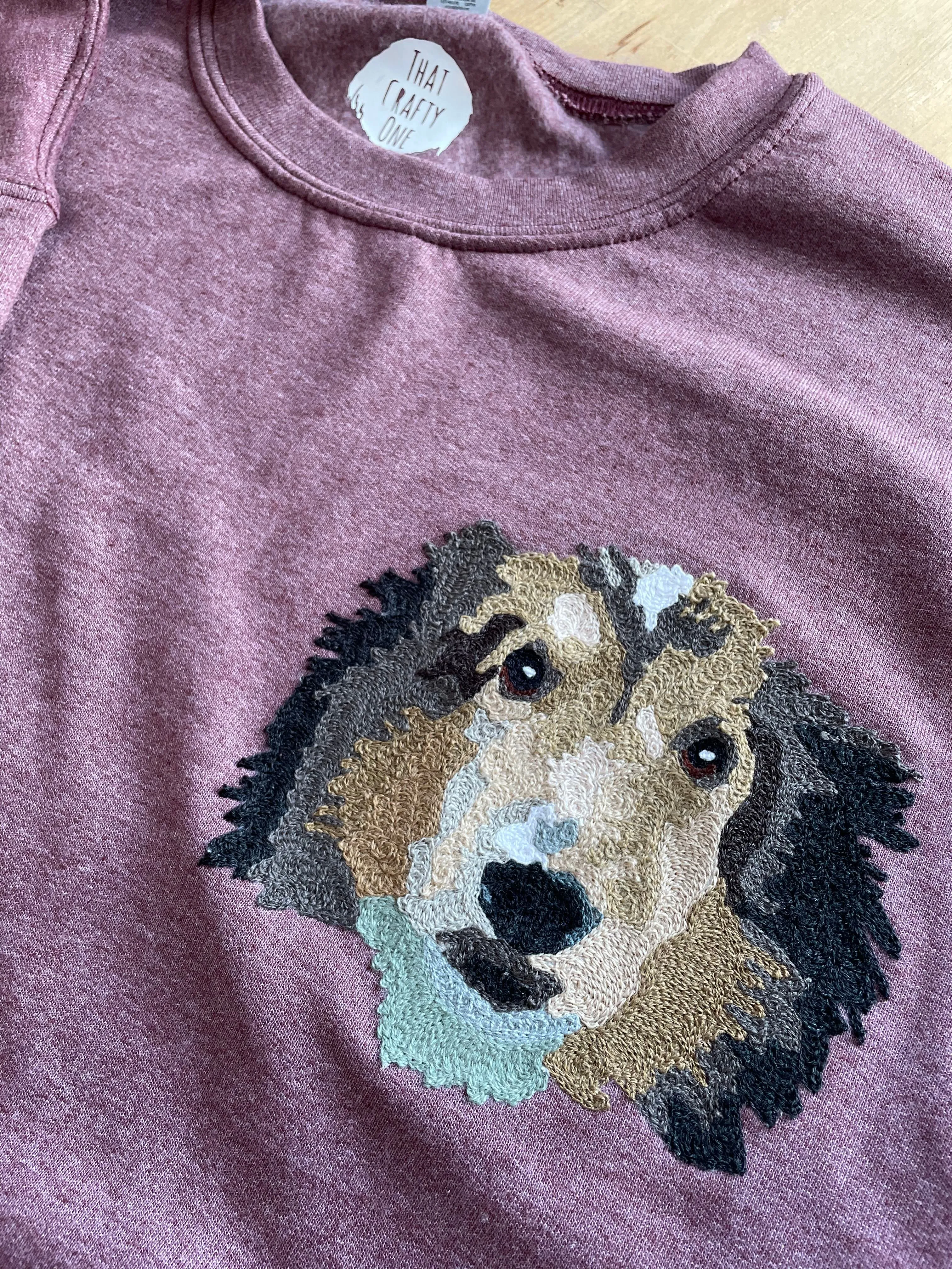 Handmade Handcranked Chainstitch Embroidered Custom Pet Portrait Sweatshirt