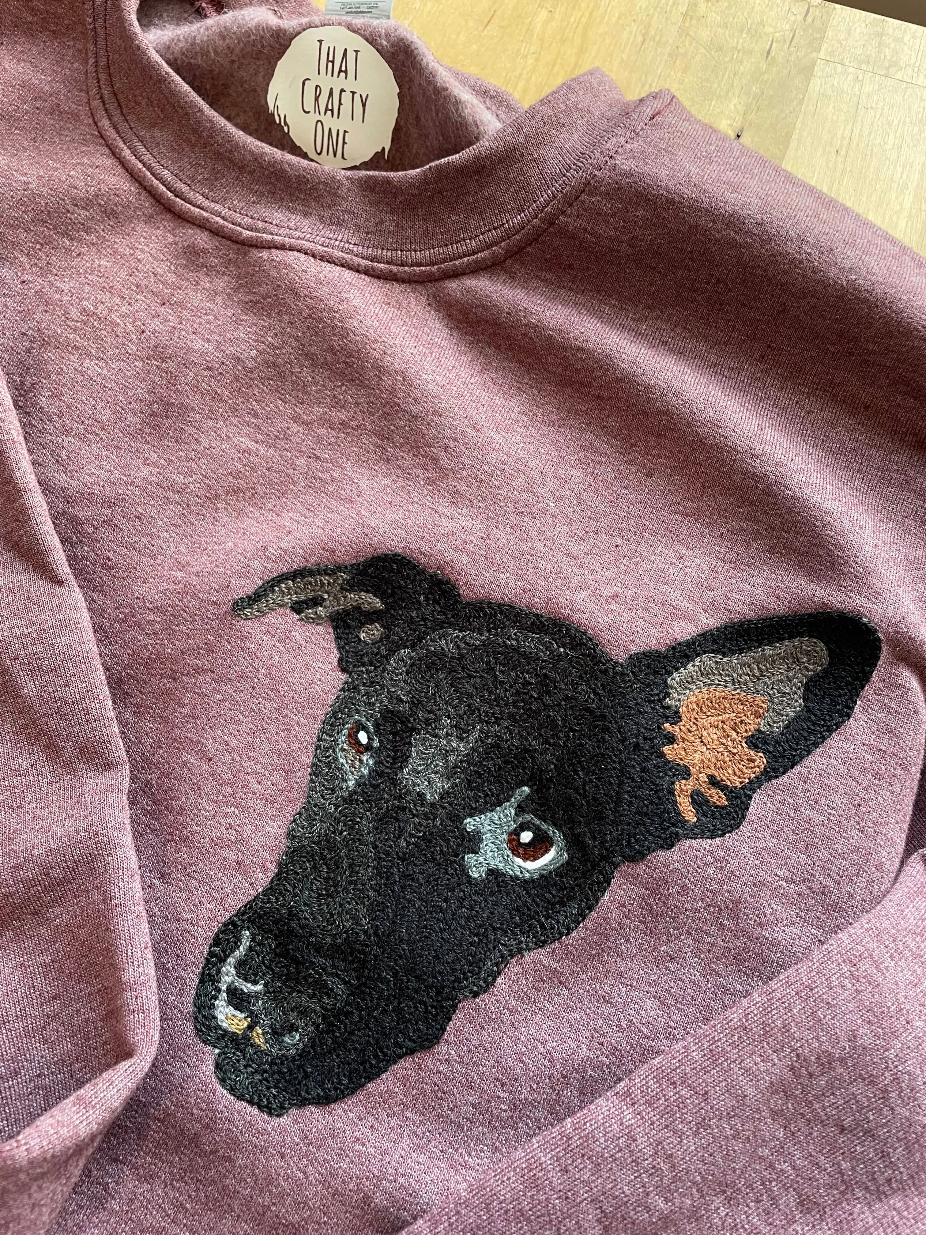 Handmade Handcranked Chainstitch Embroidered Custom Pet Portrait Sweatshirt