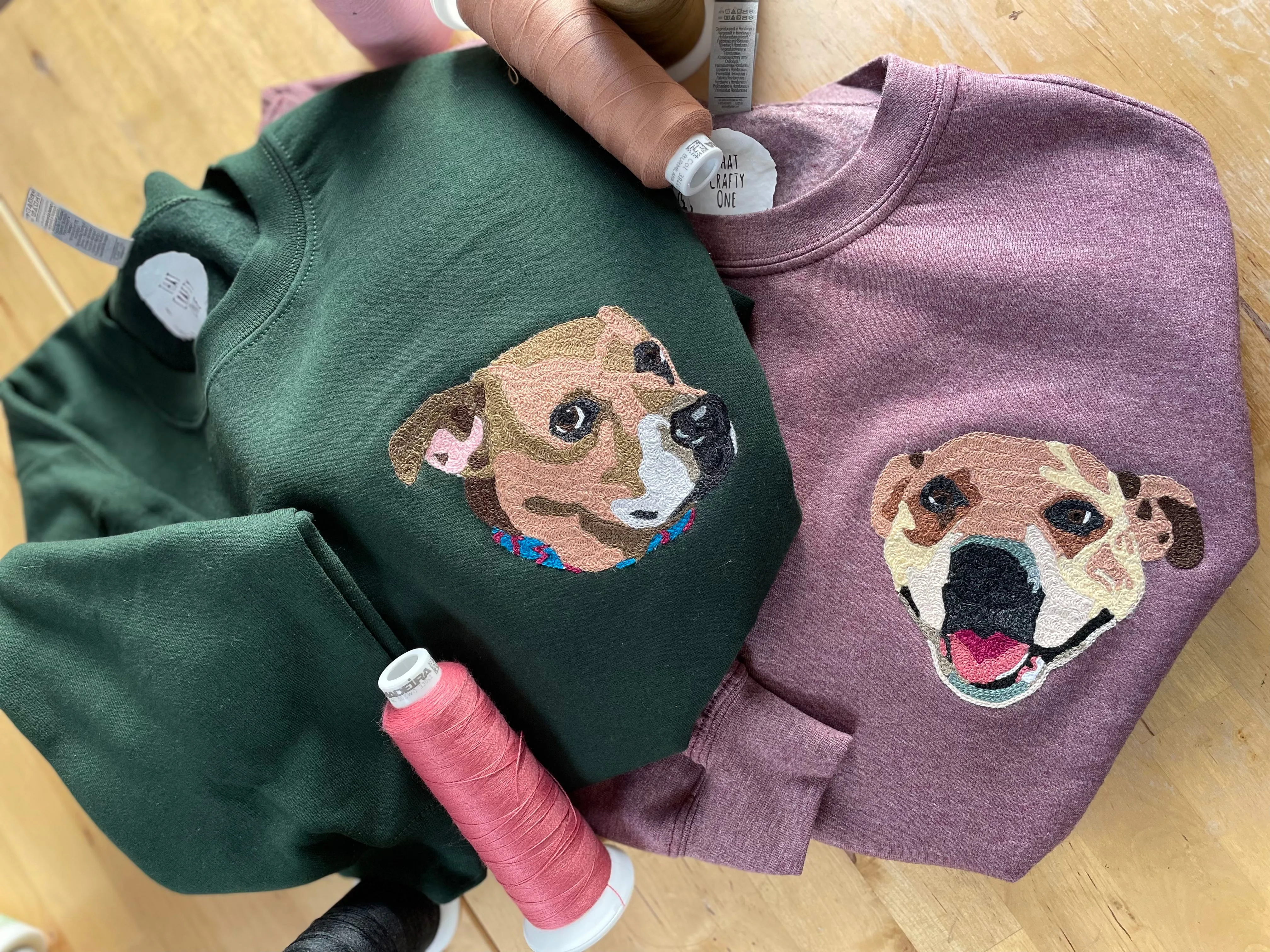 Handmade Handcranked Chainstitch Embroidered Custom Pet Portrait Sweatshirt