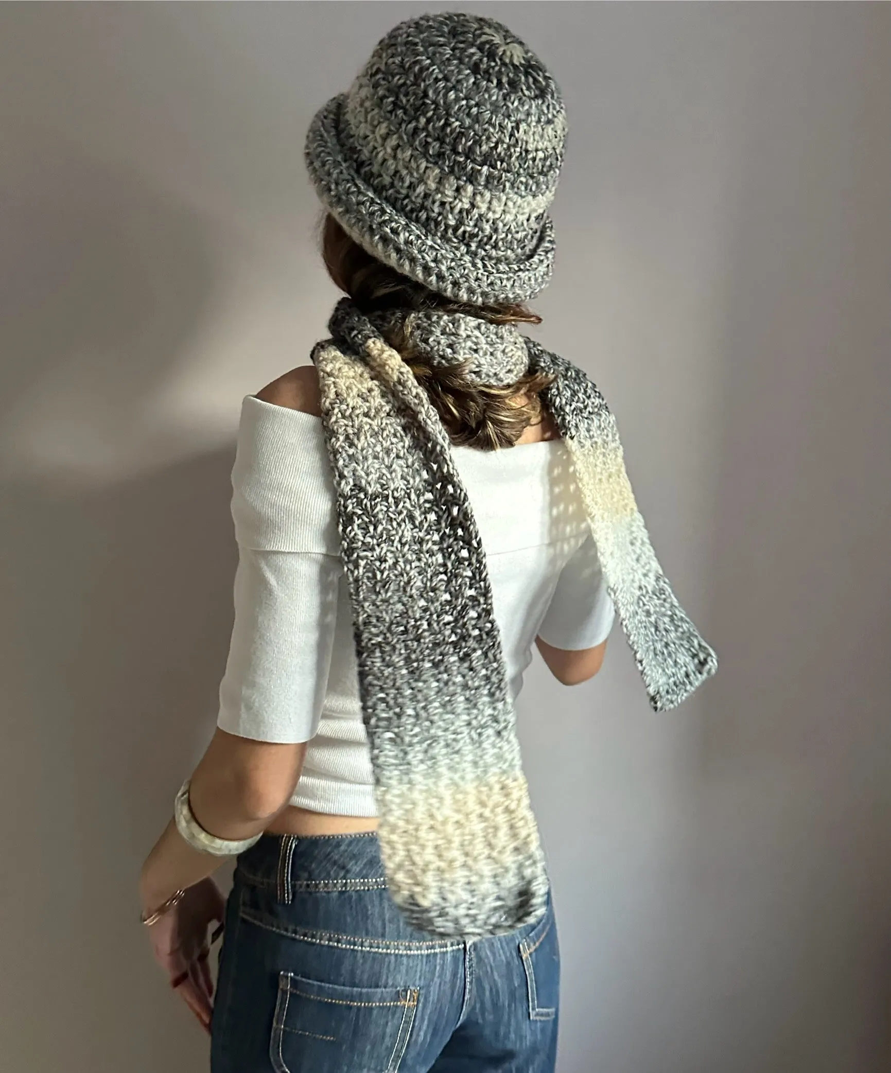 Handmade ombré grey and cream crochet scarf