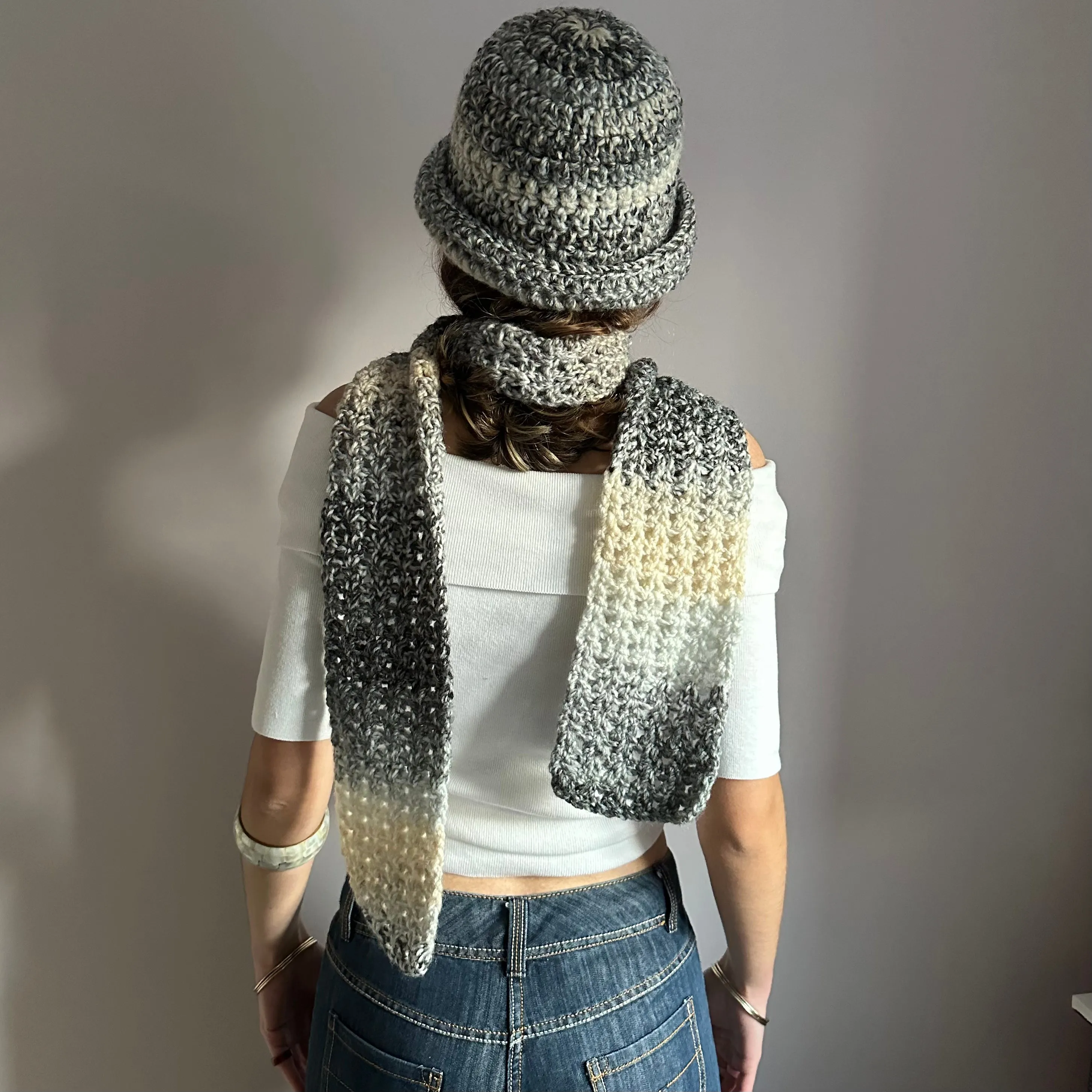 Handmade ombré grey and cream crochet scarf