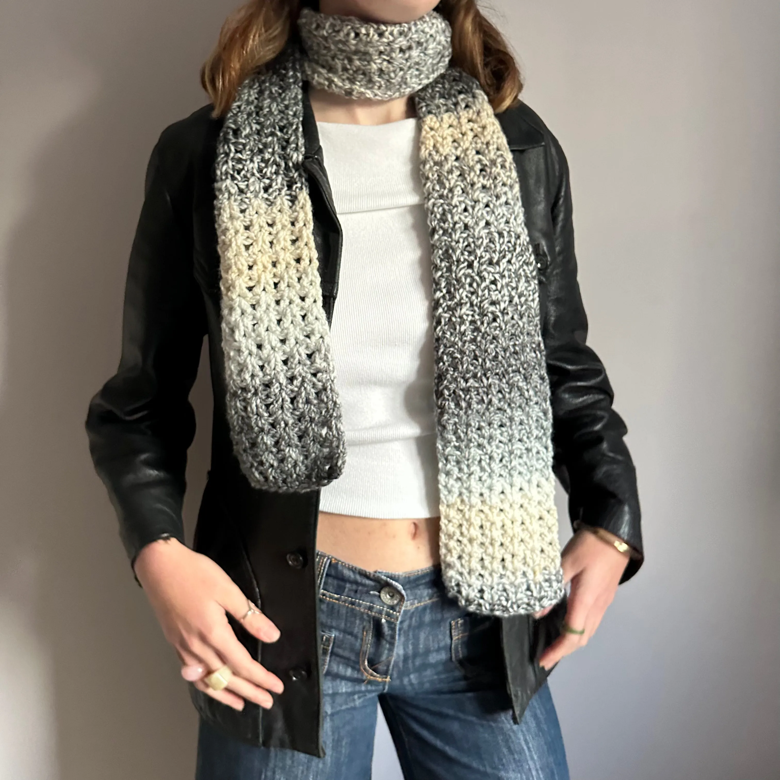 Handmade ombré grey and cream crochet scarf