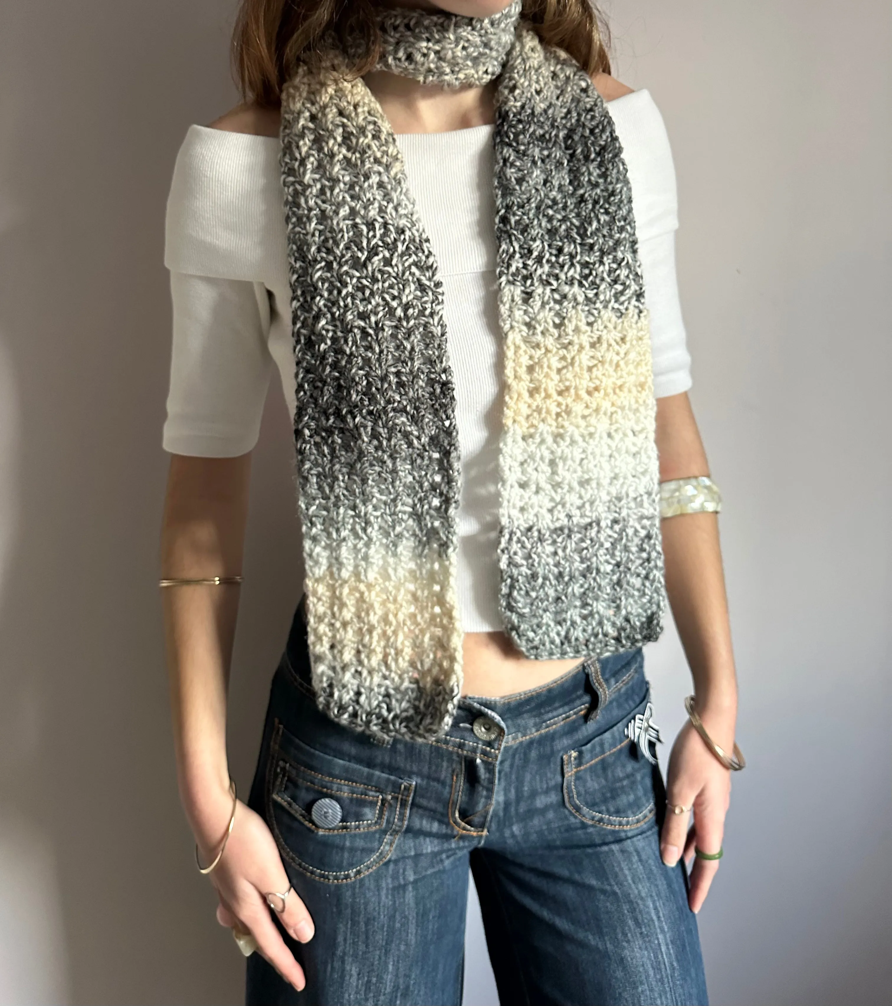 Handmade ombré grey and cream crochet scarf