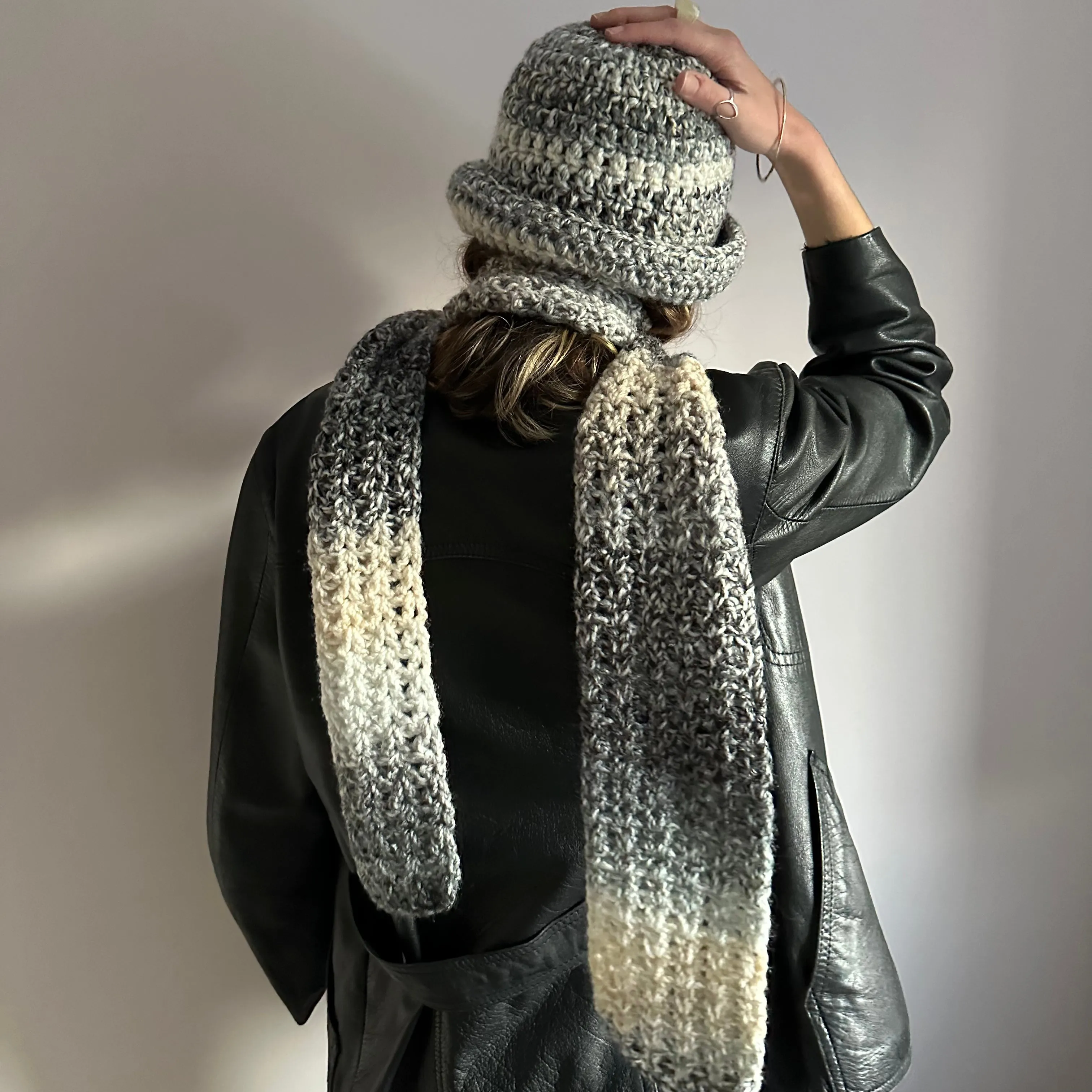 Handmade ombré grey and cream crochet scarf