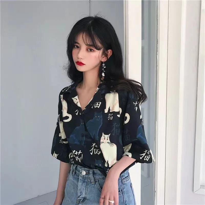 Harajuku cat lovers kittens printed retro vintage loose casual style shirt for chic girls