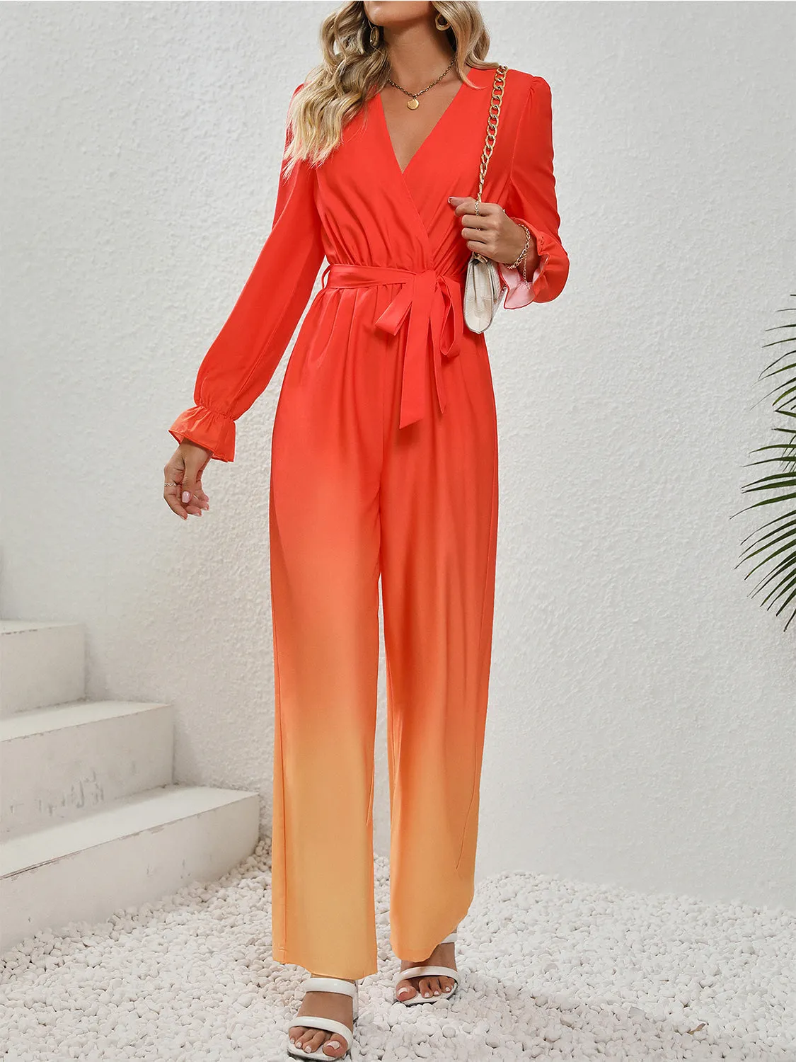 Honey Gradient Tie Front Flounce Sleeve Jumpsuit