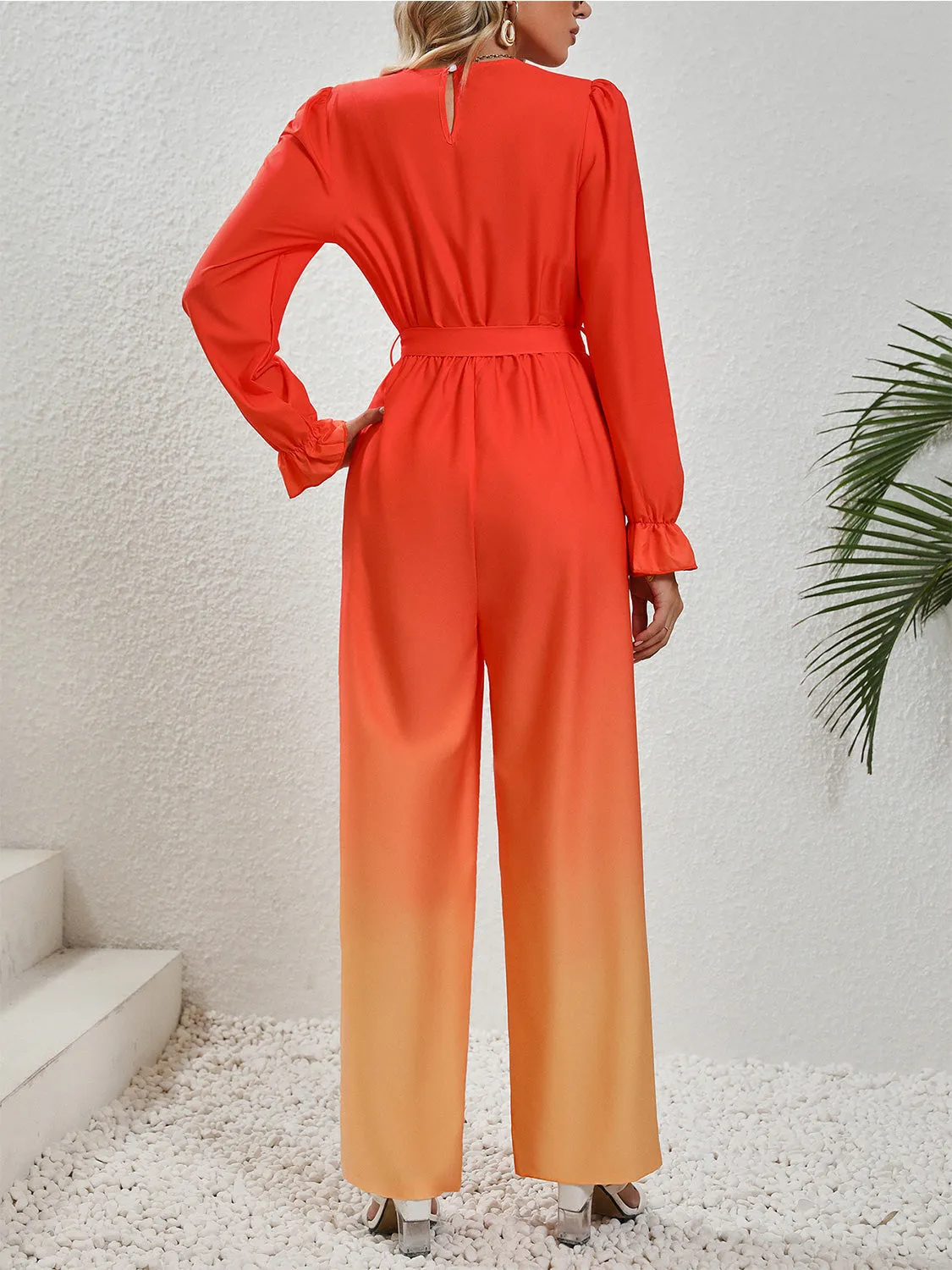 Honey Gradient Tie Front Flounce Sleeve Jumpsuit