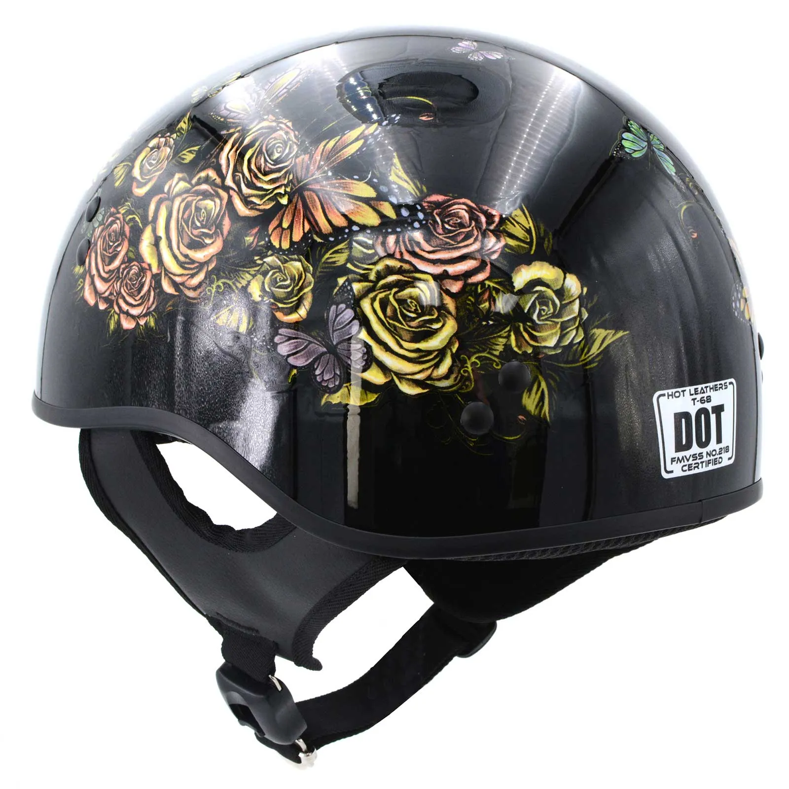 Hot Leathers HLD1034 'Butterfly Lock' Gloss Black Motorcycle DOT Approved Skull Cap Half Biker Helmet