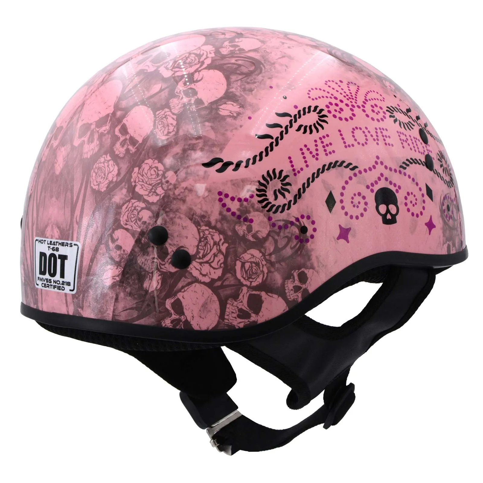 Hot Leathers HLD1048 'Live, Love Ride' Gloss Pink Motorcycle DOT Approved Skull Cap Half Biker Helmet