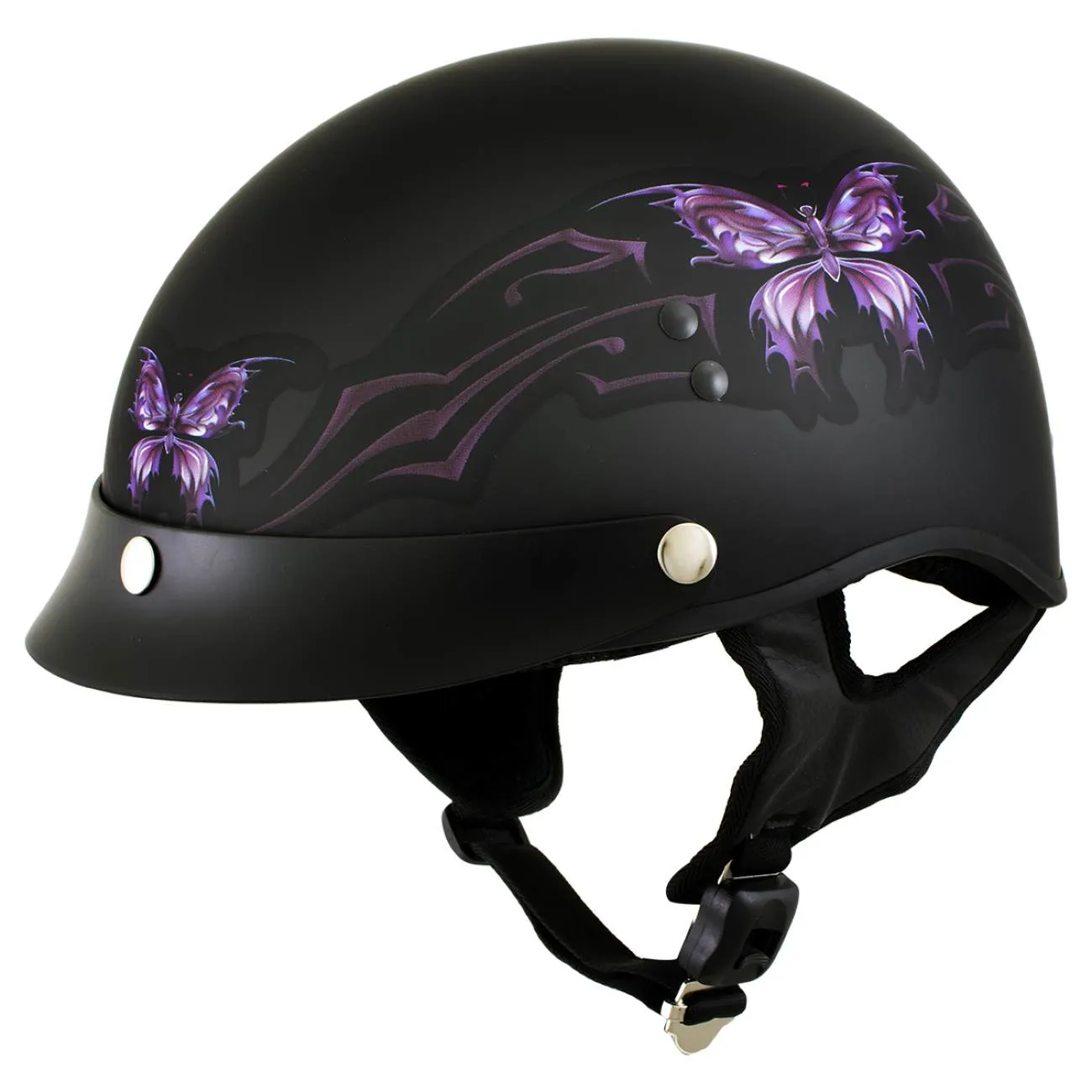 Hot Leathers HLT70 'Purple Butterfly' Flat Black Advanced DOT Motorcycle Half Face Biker Helmet