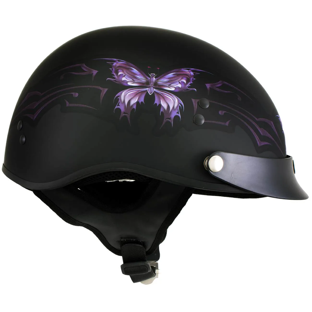 Hot Leathers HLT70 'Purple Butterfly' Flat Black Advanced DOT Motorcycle Half Face Biker Helmet